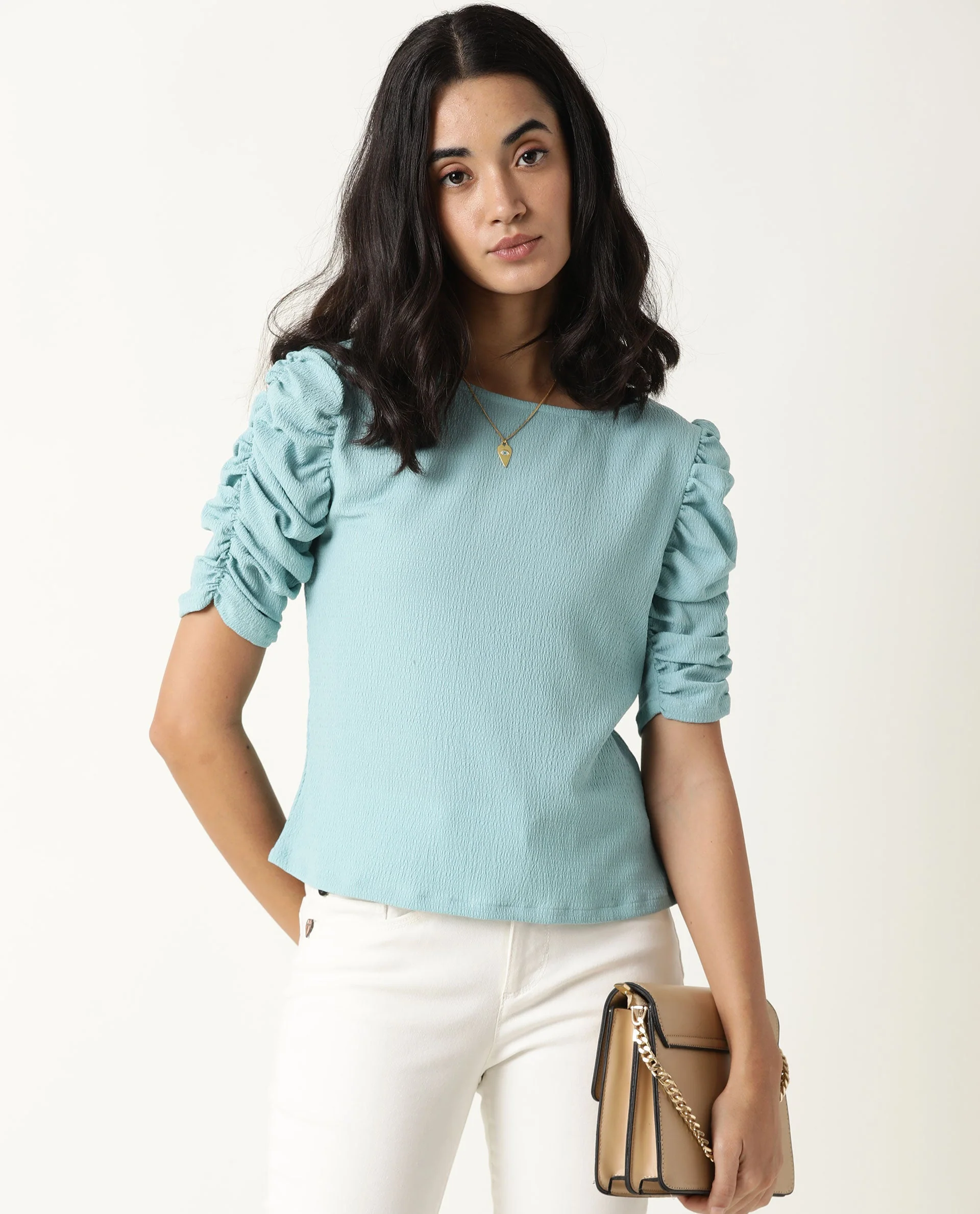 Rareism Women's Frozen Green Cotton Boat Neck Plain Ruffled Sleeve Regular Fit Top - Image 2