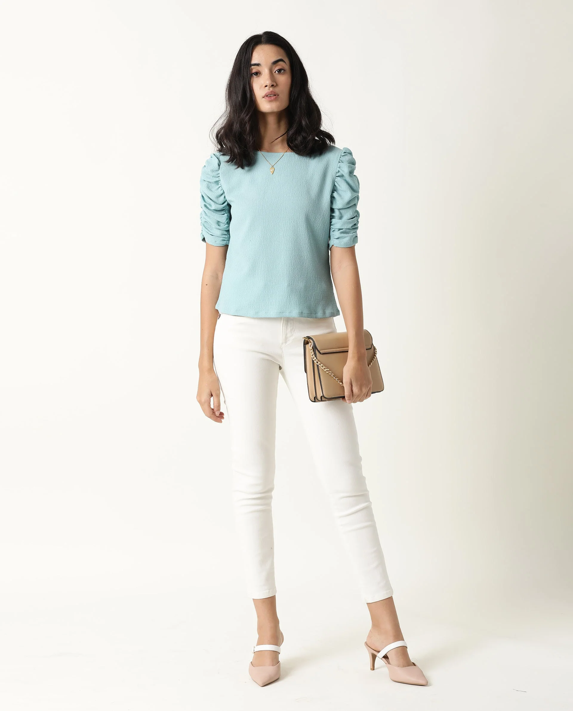 Rareism Women's Frozen Green Cotton Boat Neck Plain Ruffled Sleeve Regular Fit Top - Image 3