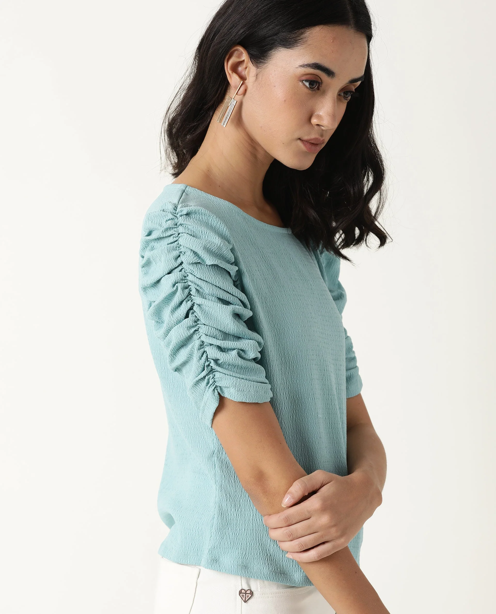 Rareism Women's Frozen Green Cotton Boat Neck Plain Ruffled Sleeve Regular Fit Top - Image 4