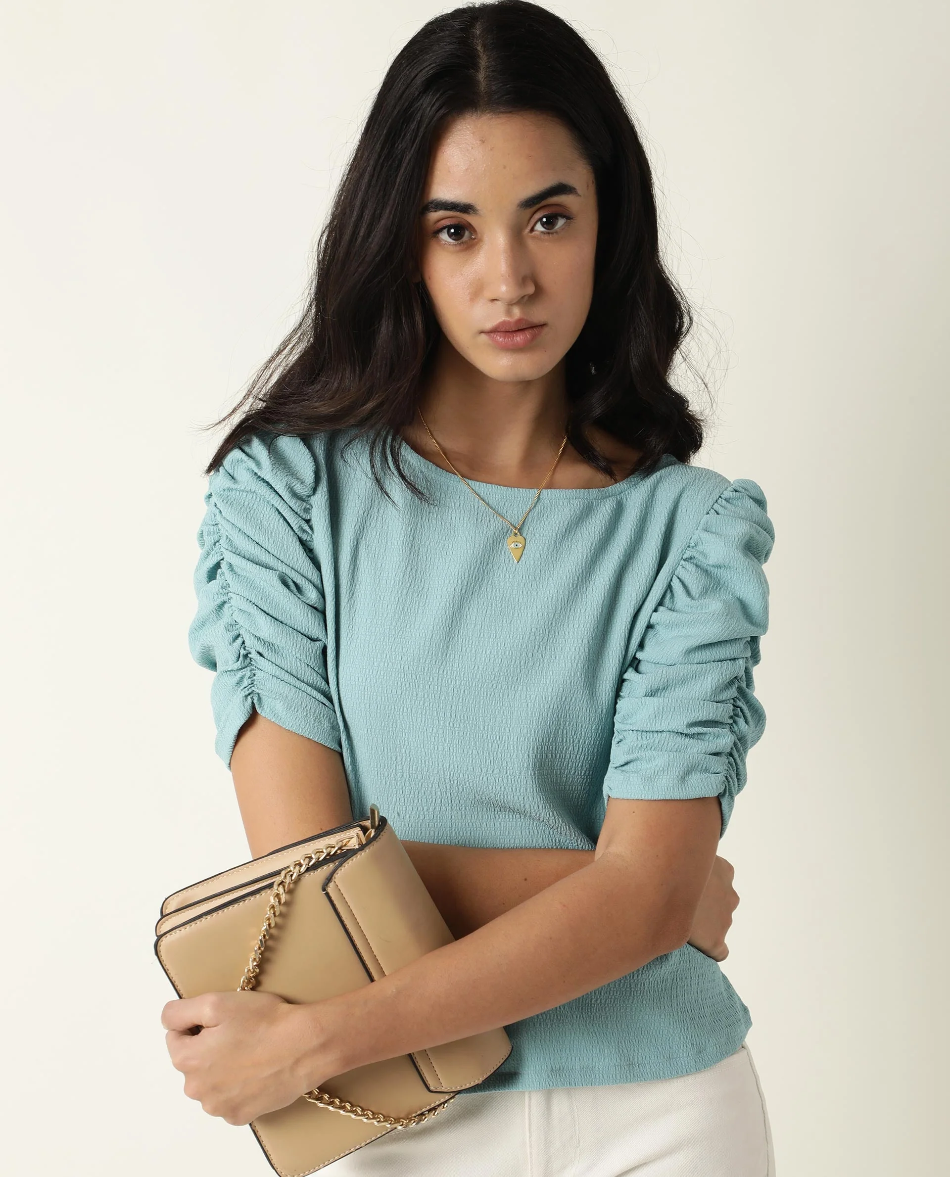 Rareism Women's Frozen Green Cotton Boat Neck Plain Ruffled Sleeve Regular Fit Top - Image 5