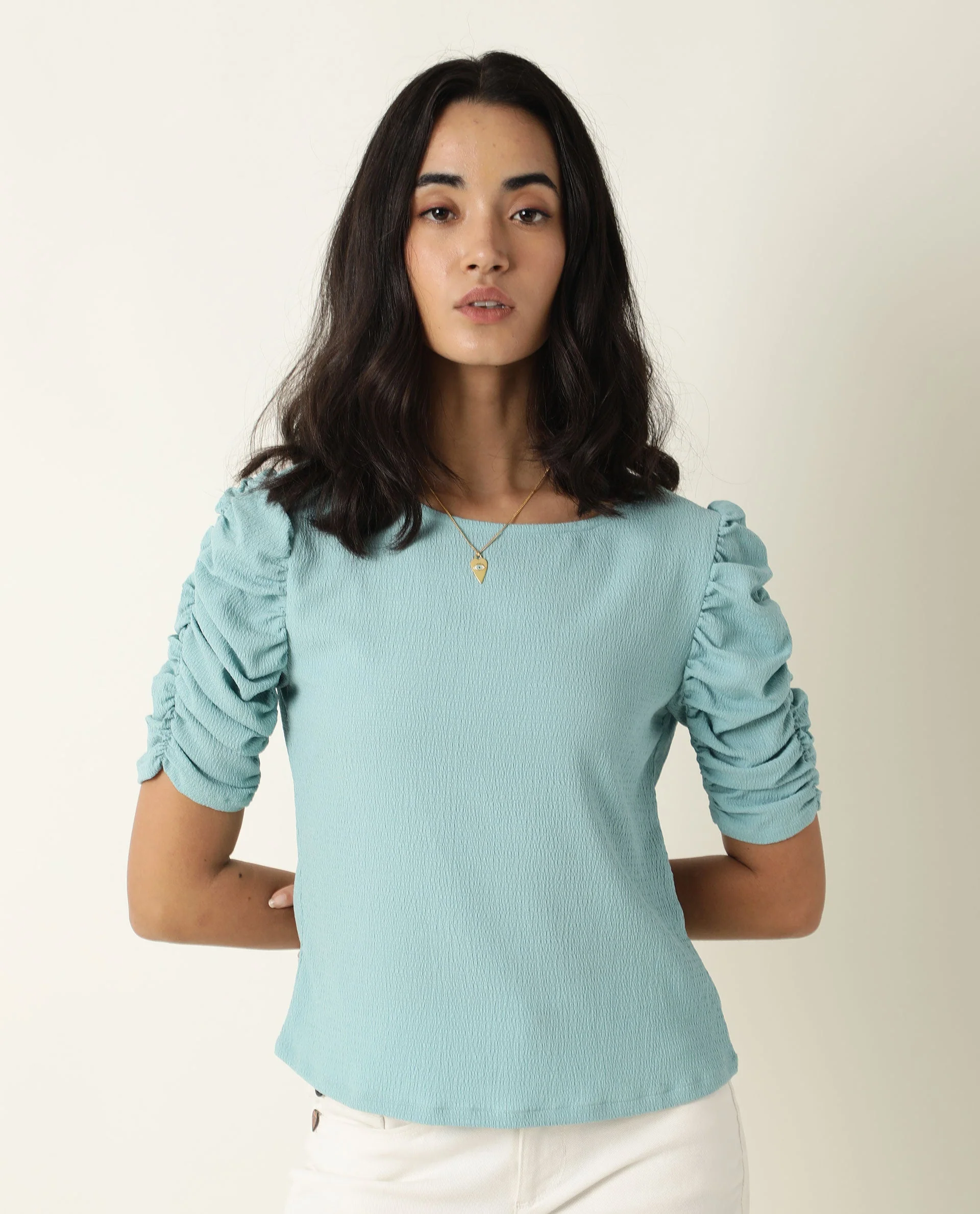 Rareism Women's Frozen Green Cotton Boat Neck Plain Ruffled Sleeve Regular Fit Top - Image 6