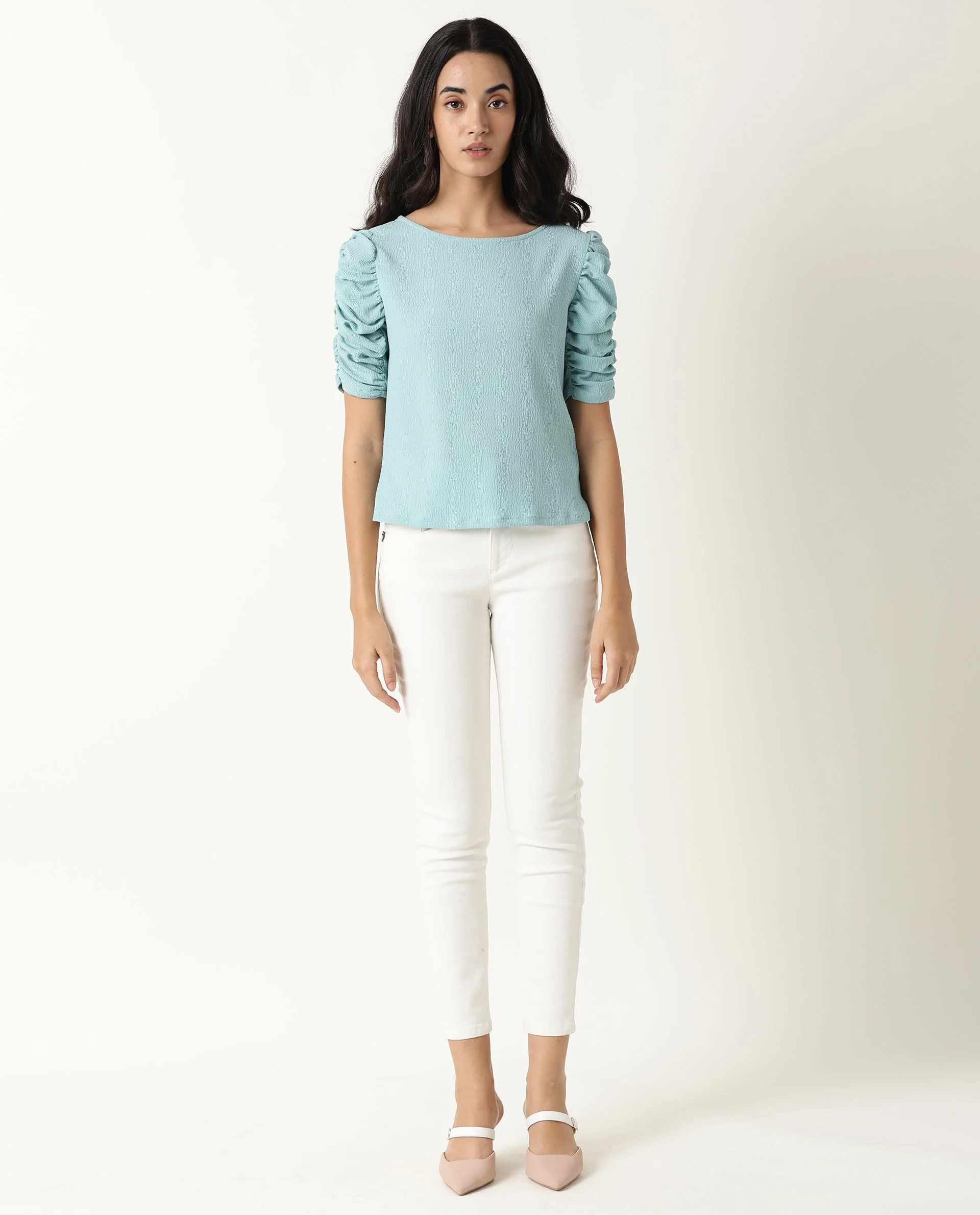 Rareism Women's Frozen Green Cotton Boat Neck Plain Ruffled Sleeve Regular Fit Top - Image 7