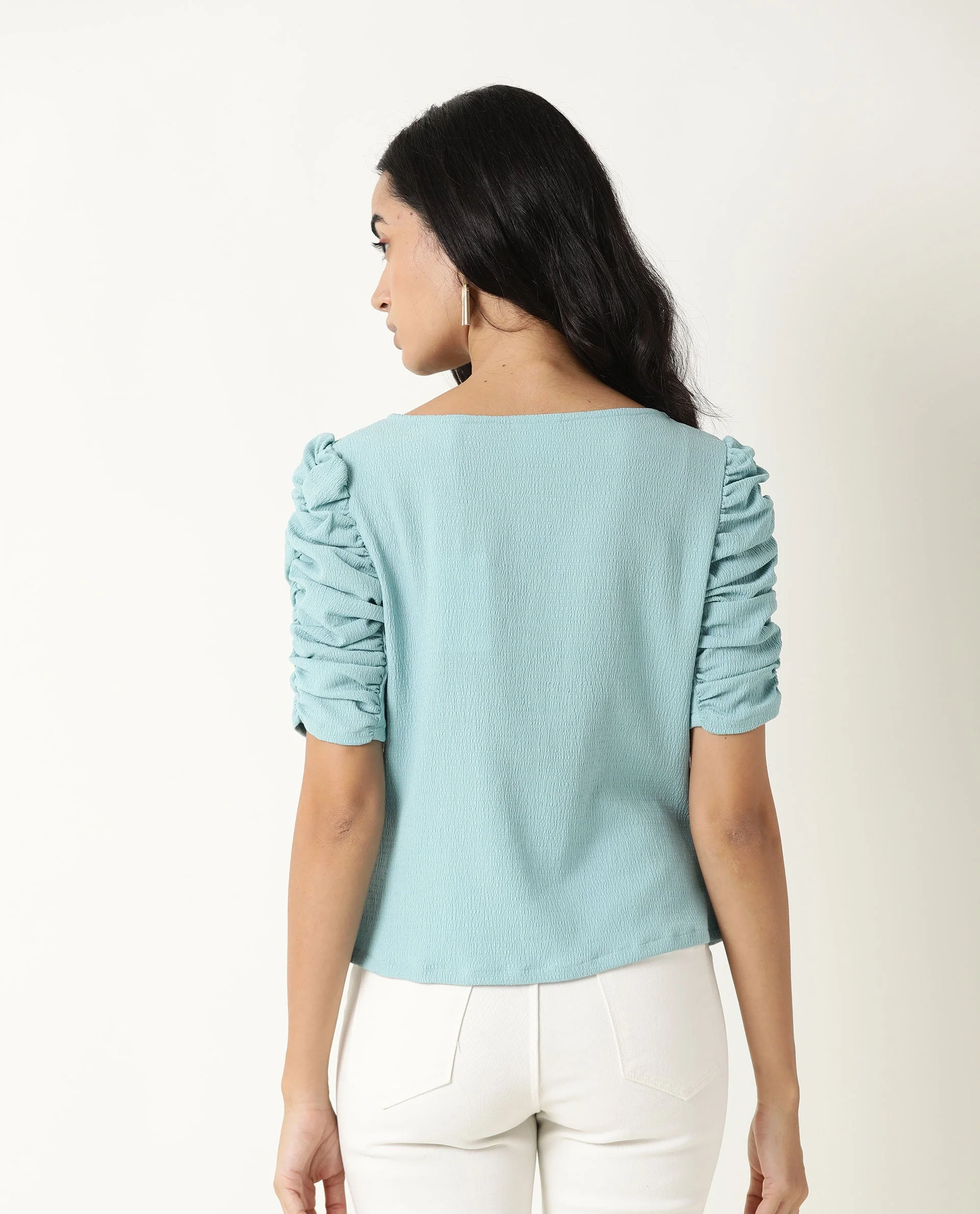 Rareism Women's Frozen Green Cotton Boat Neck Plain Ruffled Sleeve Regular Fit Top - Image 8