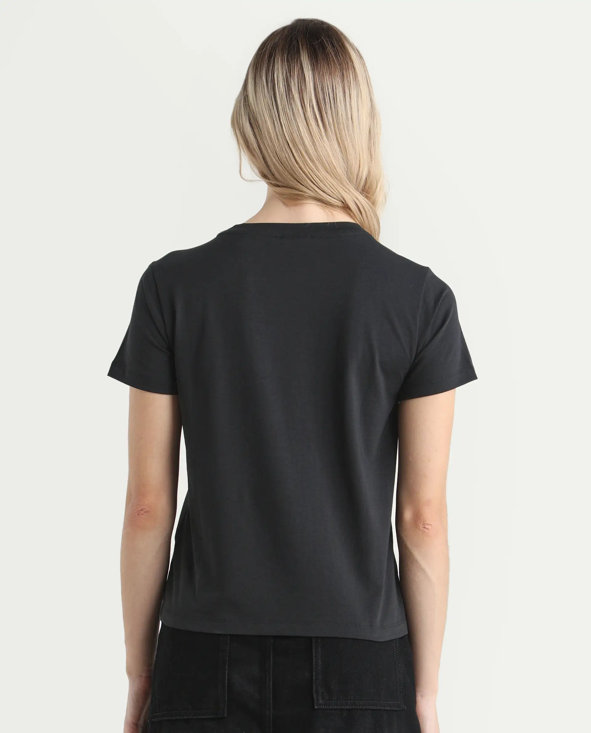 Rareism Women's Frunta Black Cotton Blend Crew Neck Graphic Print Regular Fit T-Shirt - Image 7