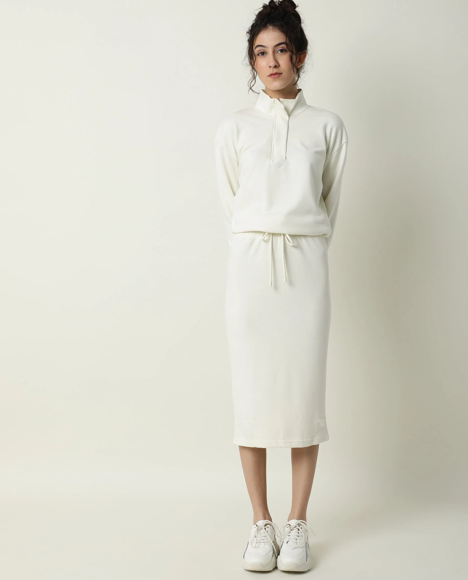Rareism Women's Fudge-1 Offwhite Polyester Blend Plain Midi Tailored Skirt - Image 6