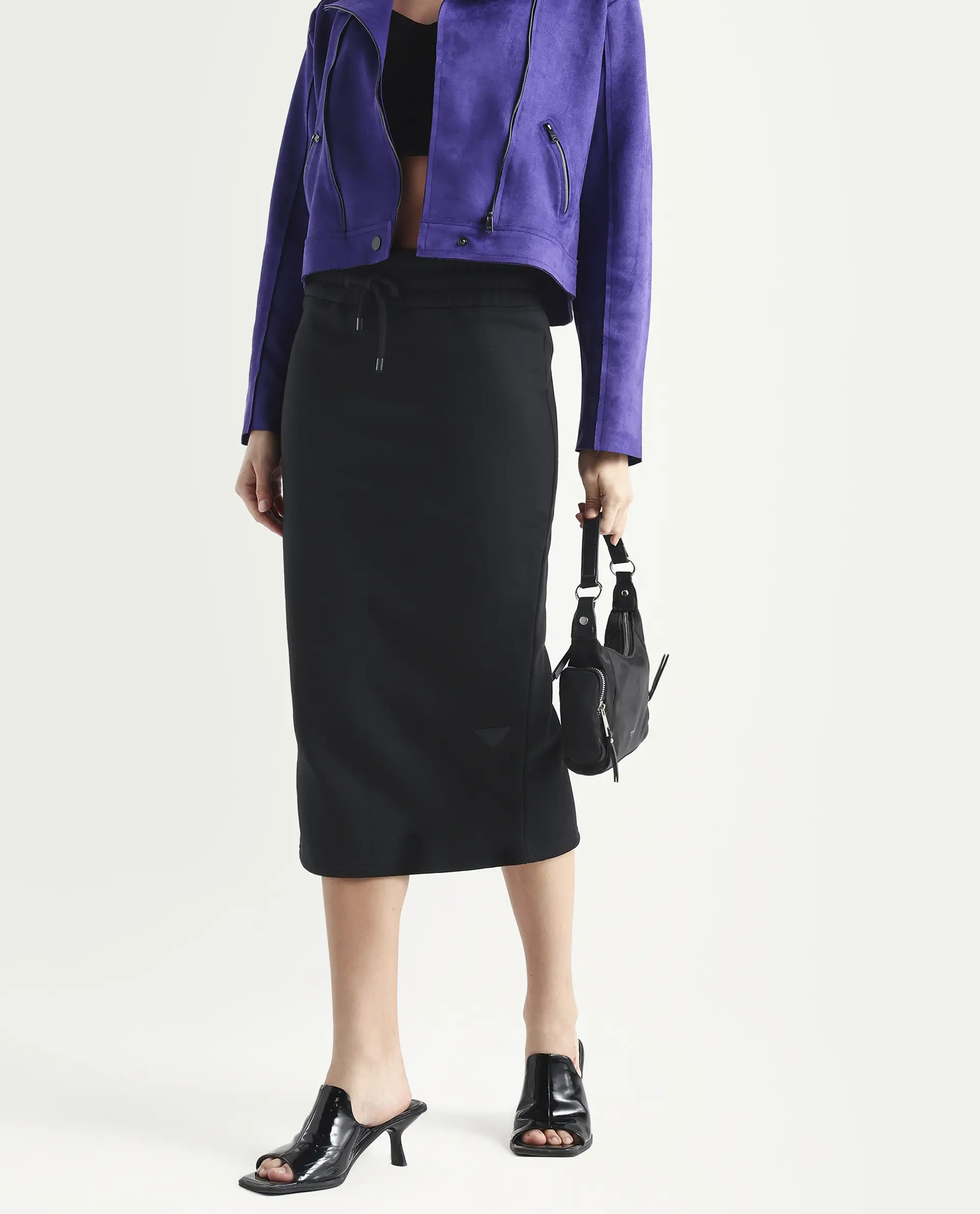 Rareism Women's Fudge Black Polyester Blend Plain Midi Tailored Skirt - Image 2