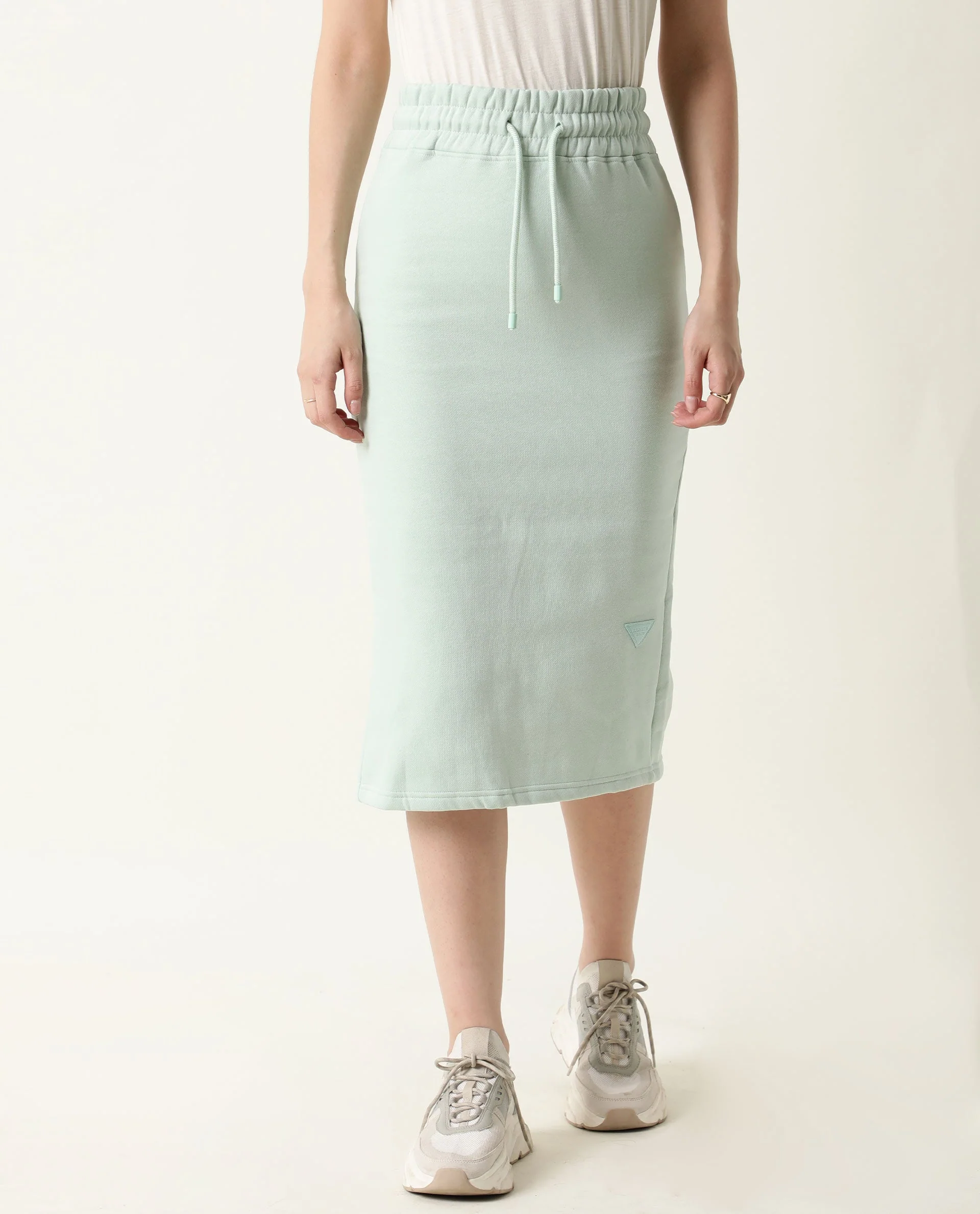 Rareism Women's Fudge Green Polyester Blend Plain Midi Tailored Skirt