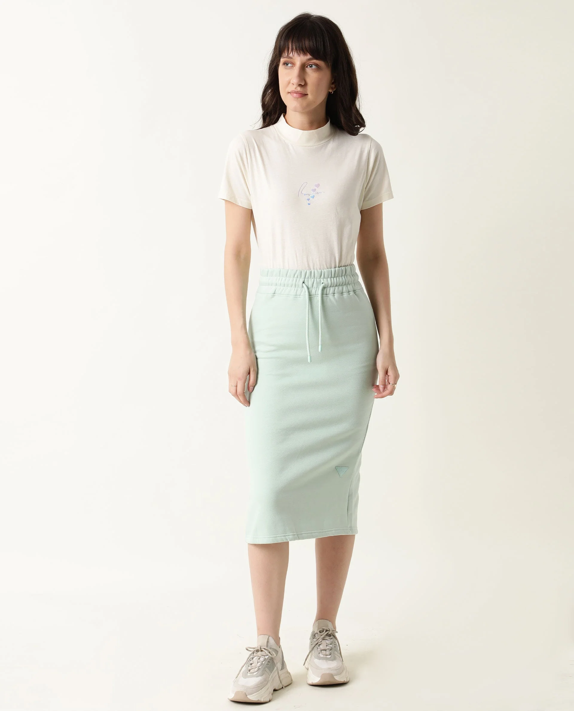 Rareism Women's Fudge Green Polyester Blend Plain Midi Tailored Skirt - Image 2