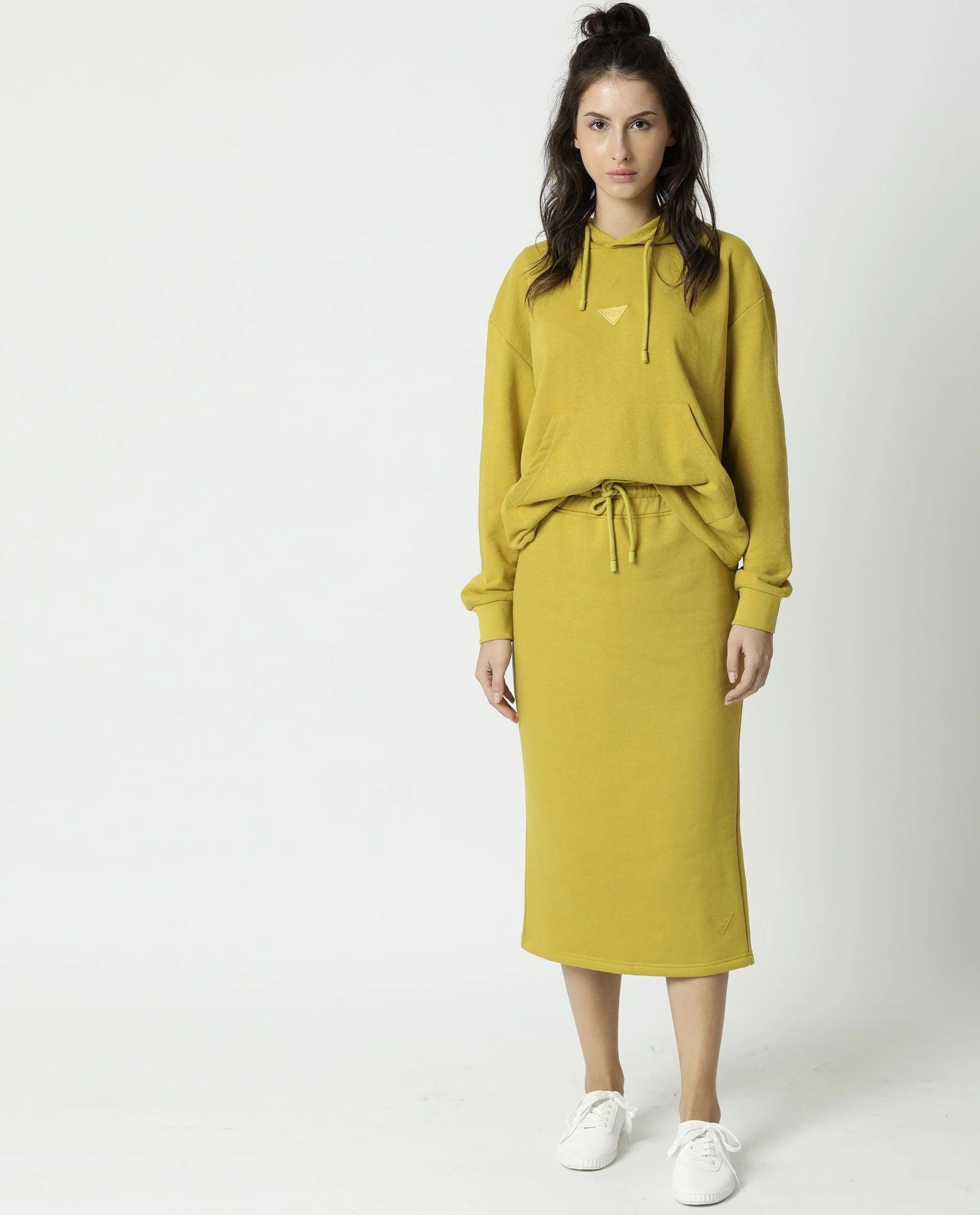 Rareism Women's Fudge Yellow Polyester Blend Plain Midi Tailored Skirt - Image 5