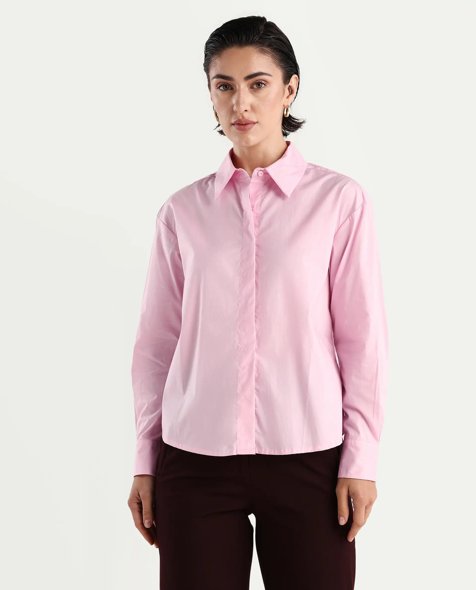 Rareism Women's Fuhu Pink Cotton Drop Collar Plain Cuffed Sleeve Regular Fit Shirt - Image 3