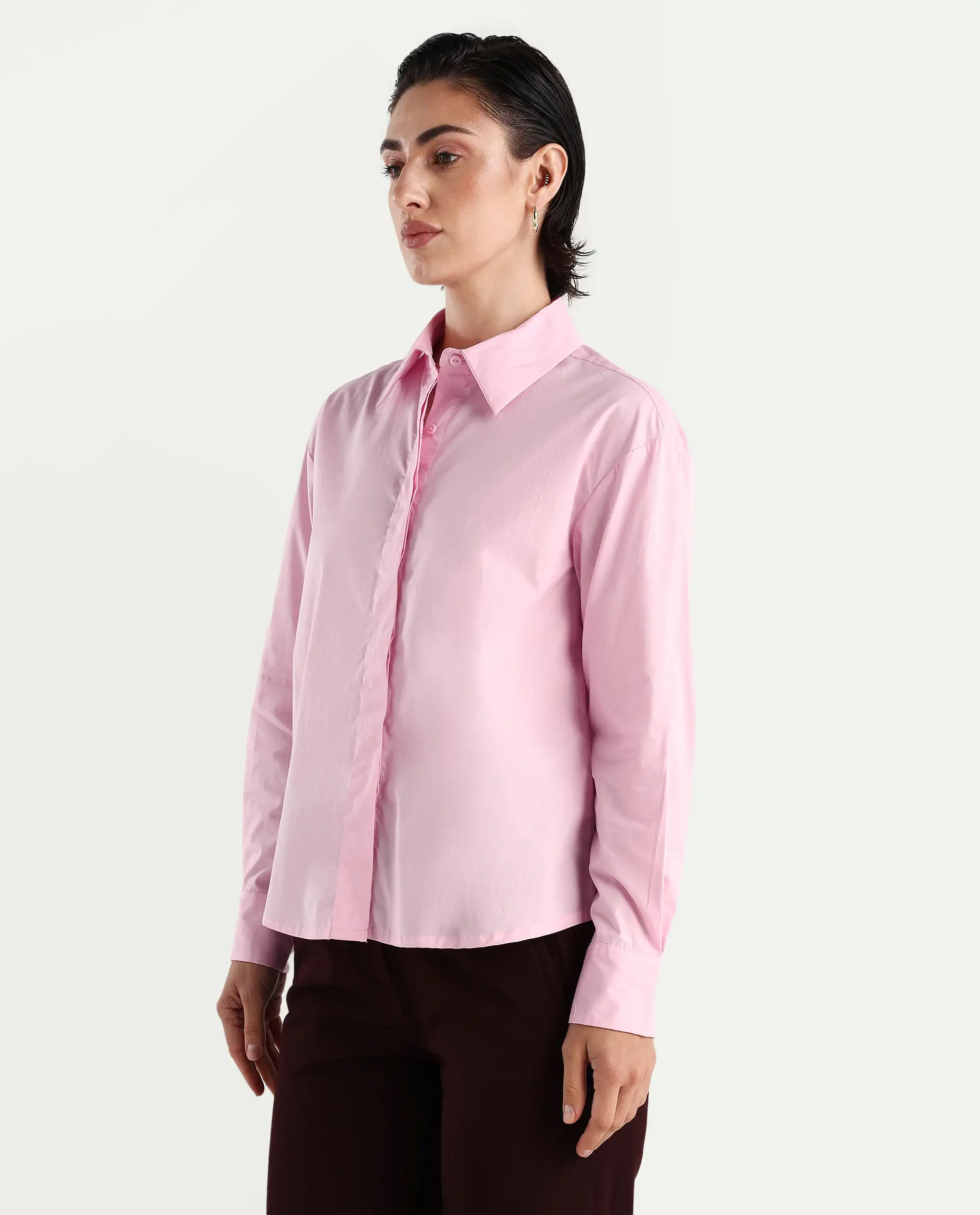 Rareism Women's Fuhu Pink Cotton Drop Collar Plain Cuffed Sleeve Regular Fit Shirt - Image 4