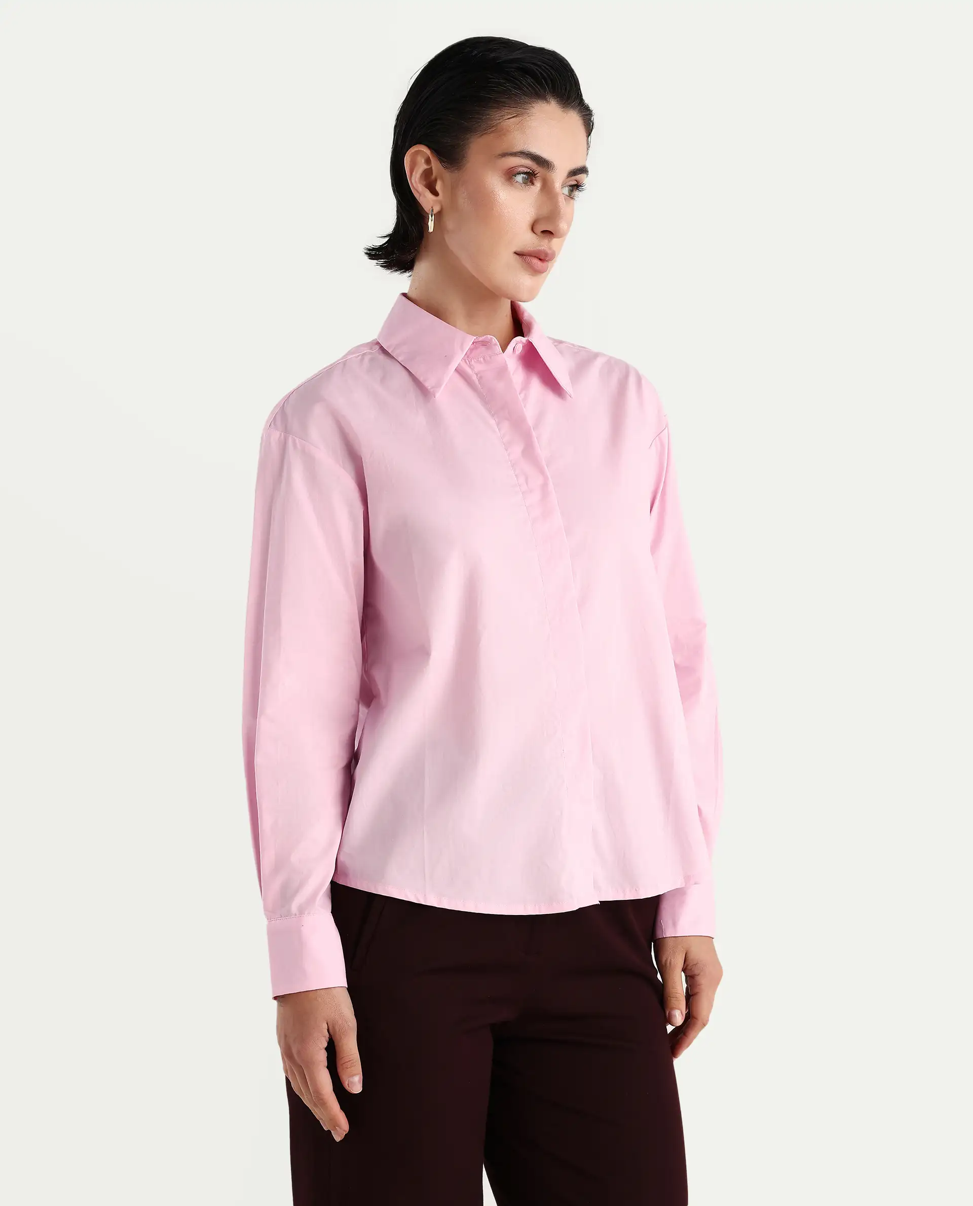 Rareism Women's Fuhu Pink Cotton Drop Collar Plain Cuffed Sleeve Regular Fit Shirt - Image 5