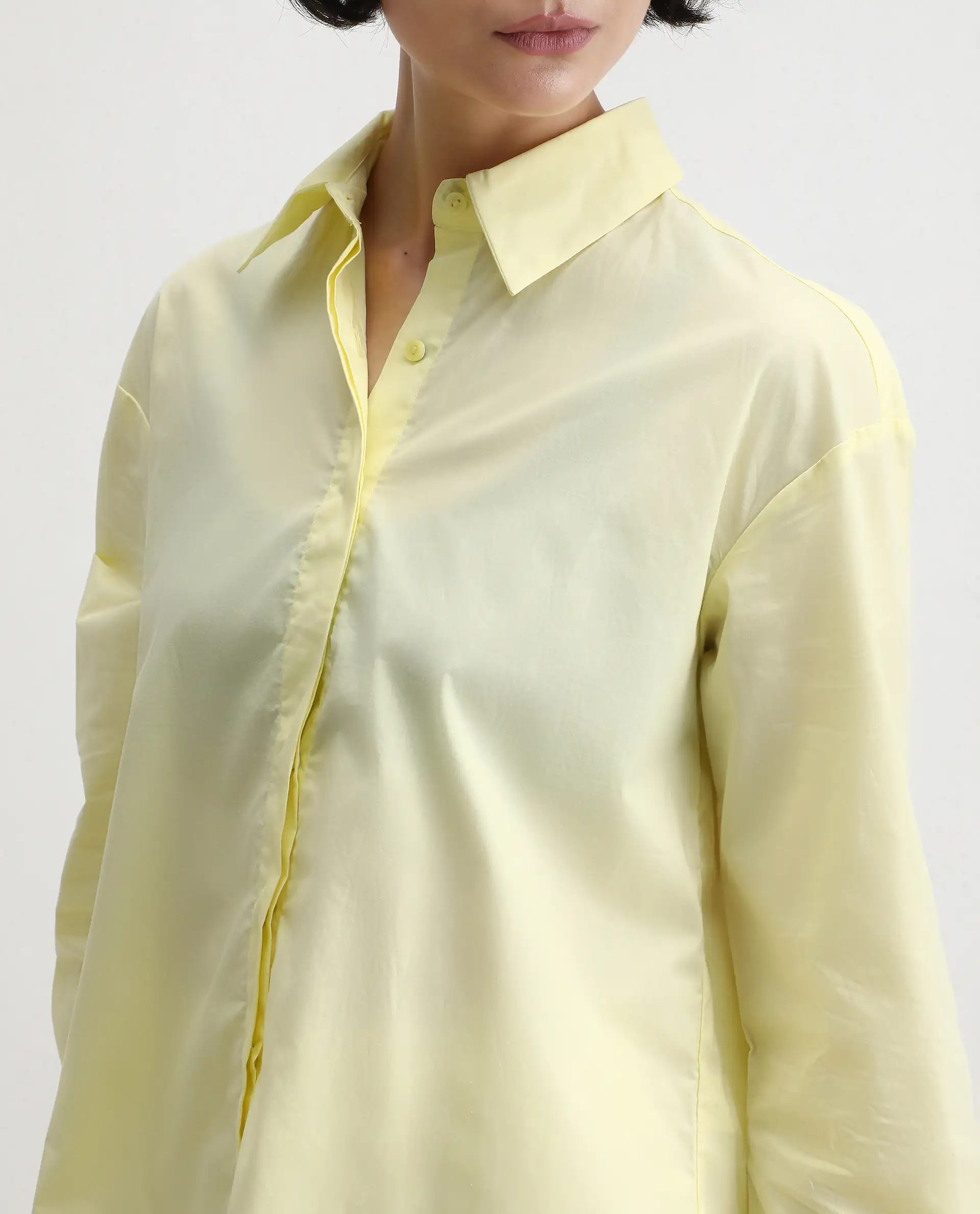 Rareism Women's Fuhu Yellow Cotton Spread Collar Plain Cuffed Sleeve Regular Fit Shirt - Image 3