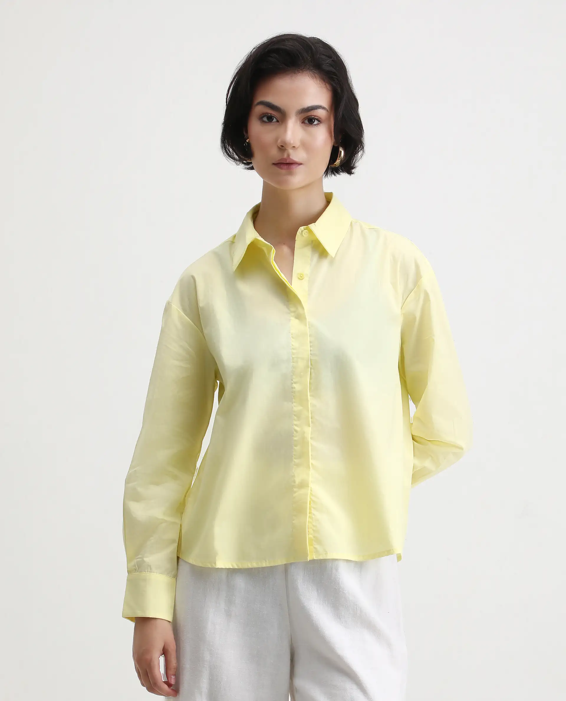 Rareism Women's Fuhu Yellow Cotton Spread Collar Plain Cuffed Sleeve Regular Fit Shirt - Image 5