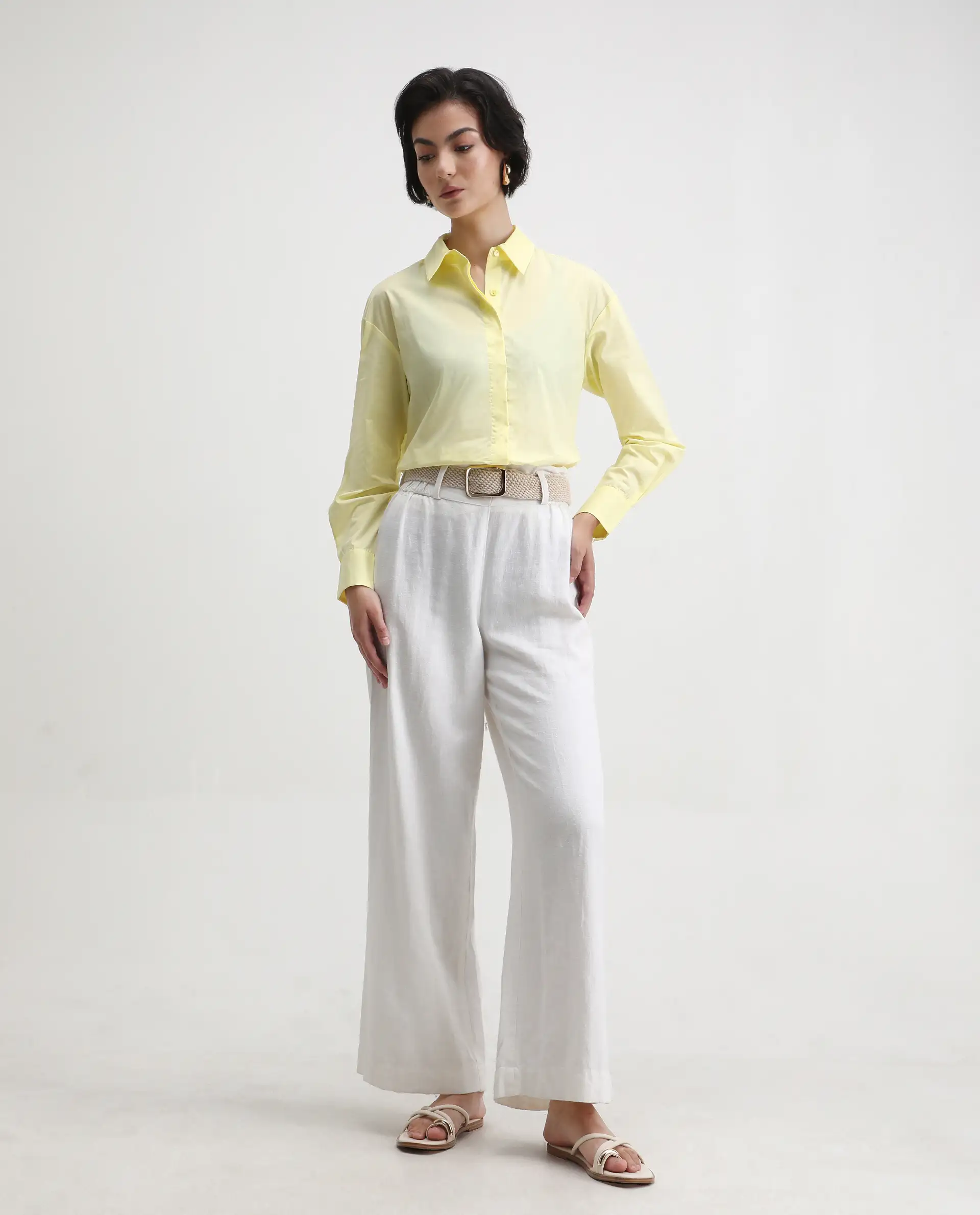 Rareism Women's Fuhu Yellow Cotton Spread Collar Plain Cuffed Sleeve Regular Fit Shirt - Image 6