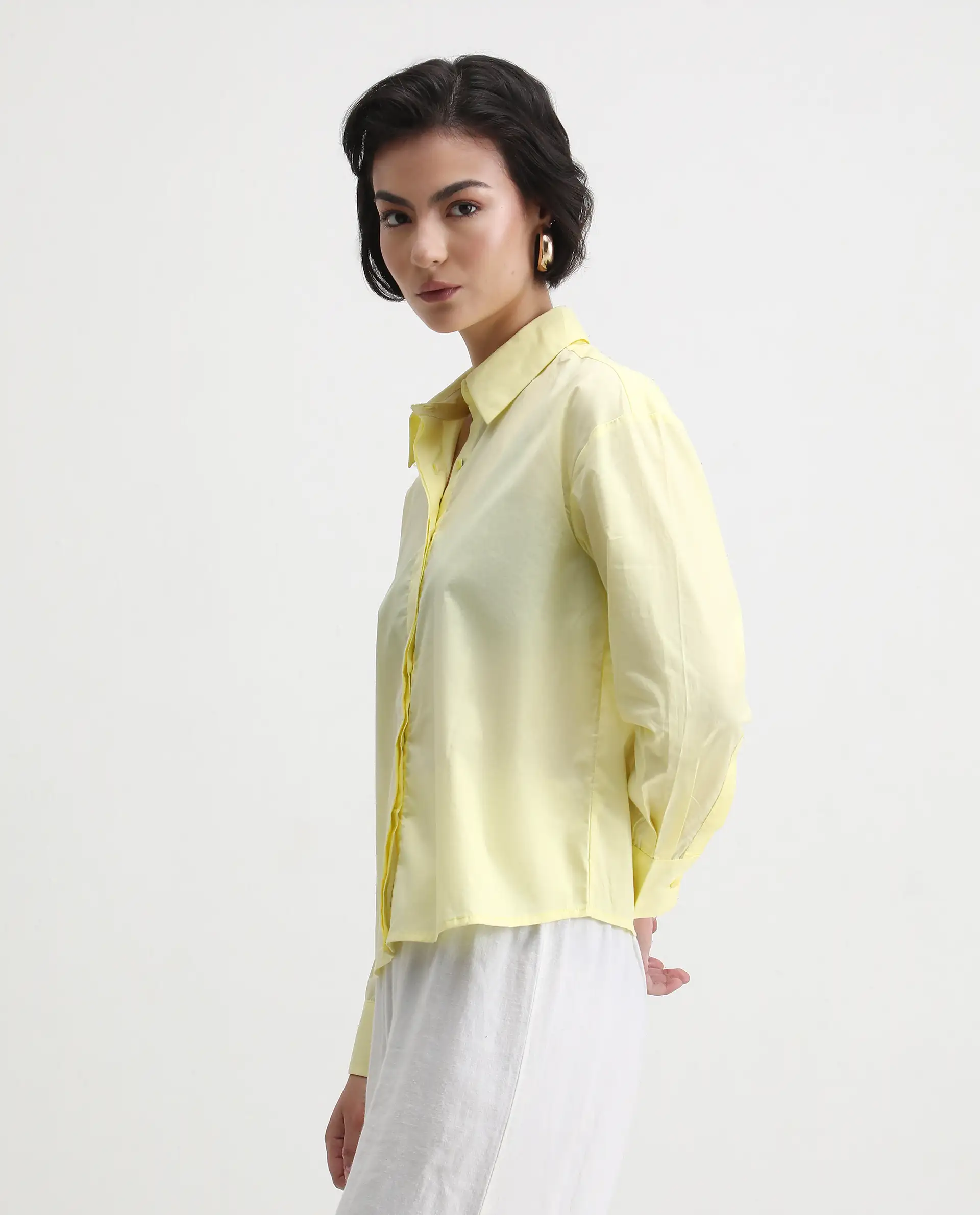 Rareism Women's Fuhu Yellow Cotton Spread Collar Plain Cuffed Sleeve Regular Fit Shirt - Image 7