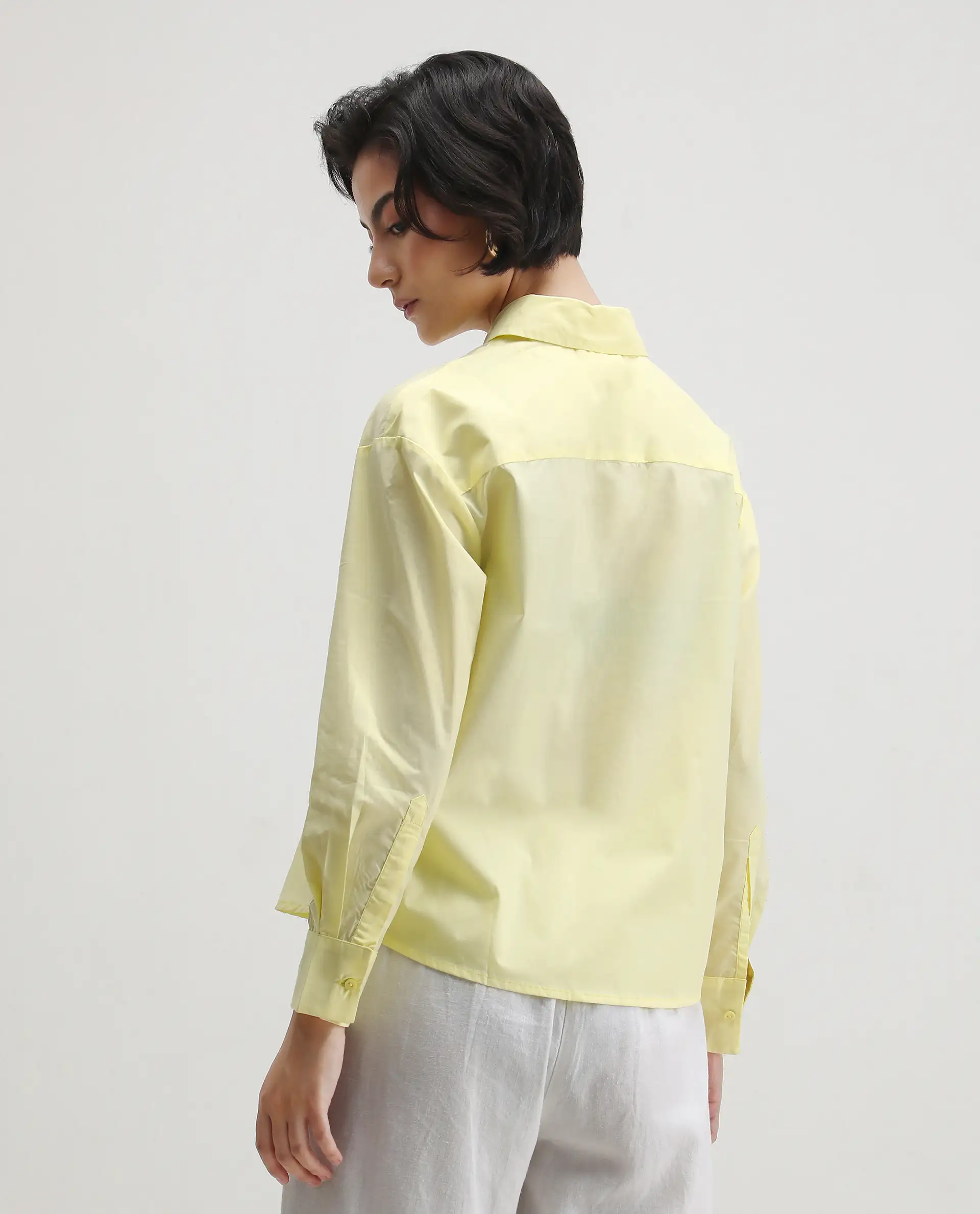 Rareism Women's Fuhu Yellow Cotton Spread Collar Plain Cuffed Sleeve Regular Fit Shirt - Image 9