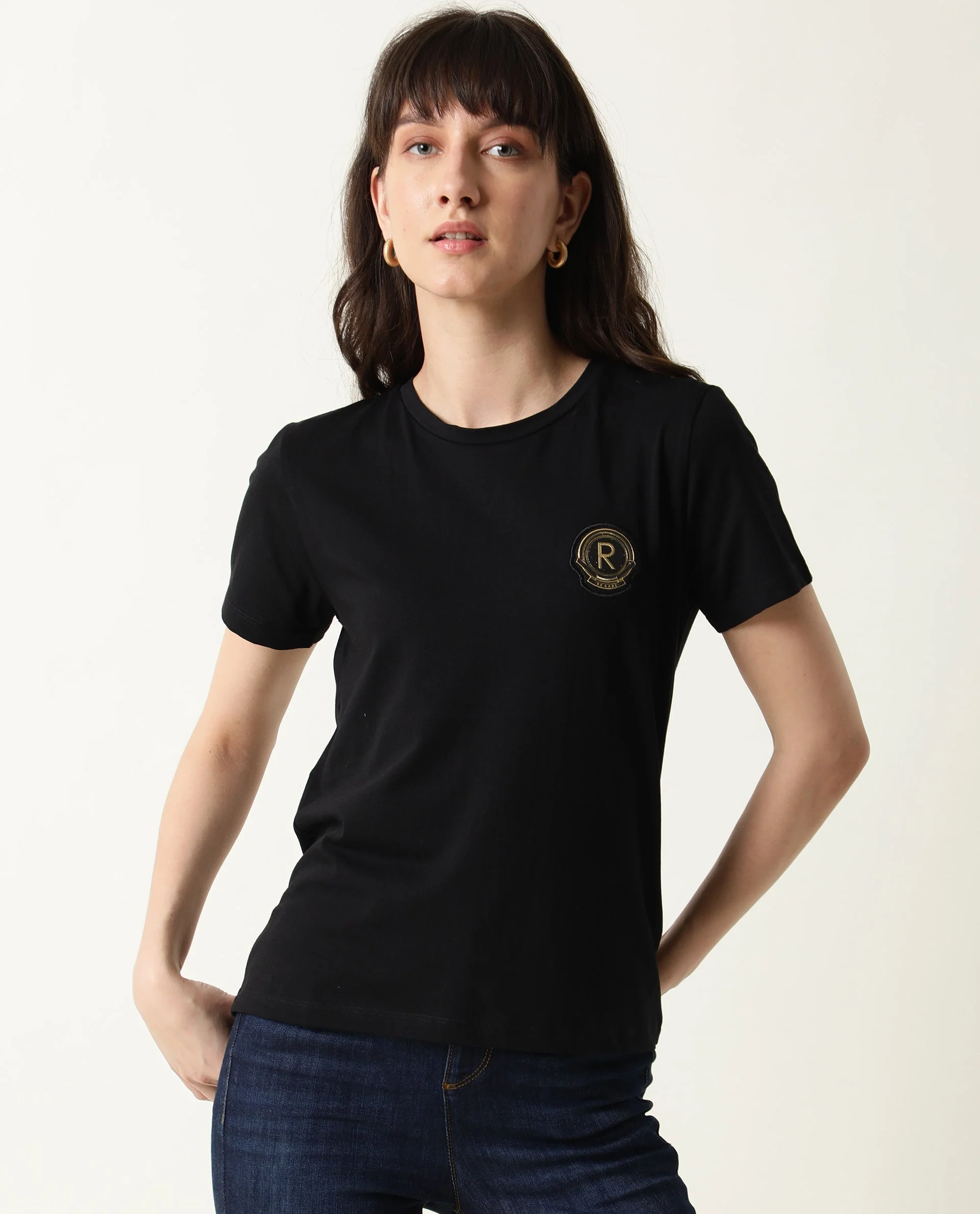 Rareism Women's Fuji Black Cotton Crew Neck Graphic Print Regular Fit T-Shirt - Image 4