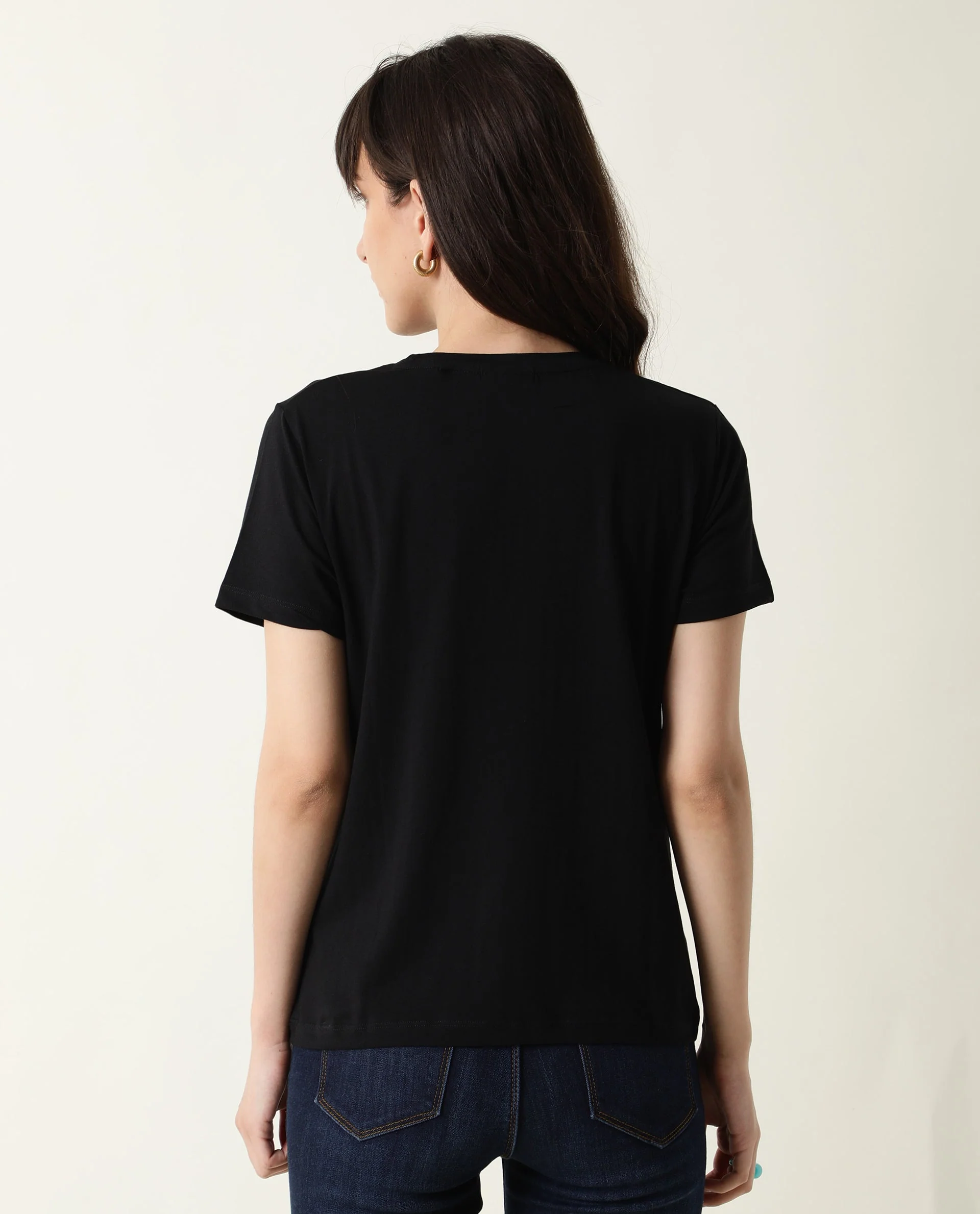 Rareism Women's Fuji Black Cotton Crew Neck Graphic Print Regular Fit T-Shirt - Image 5