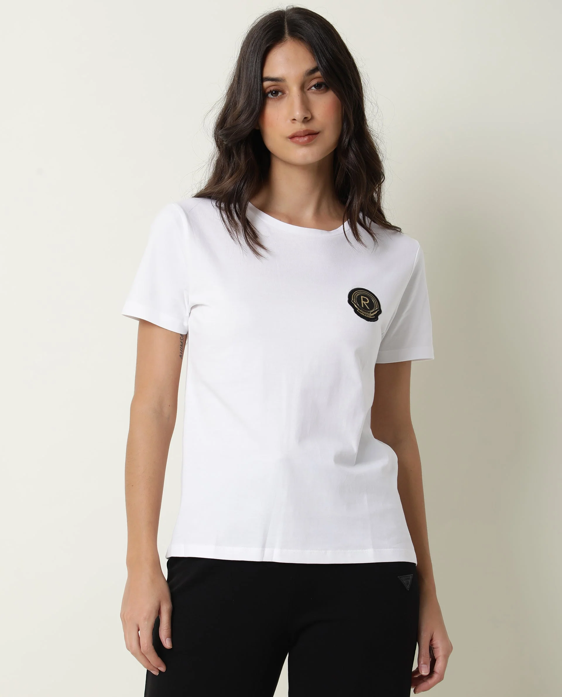 Rareism Women's Fuji Offwhite Cotton Crew Neck Graphic Print Regular Fit T-Shirt