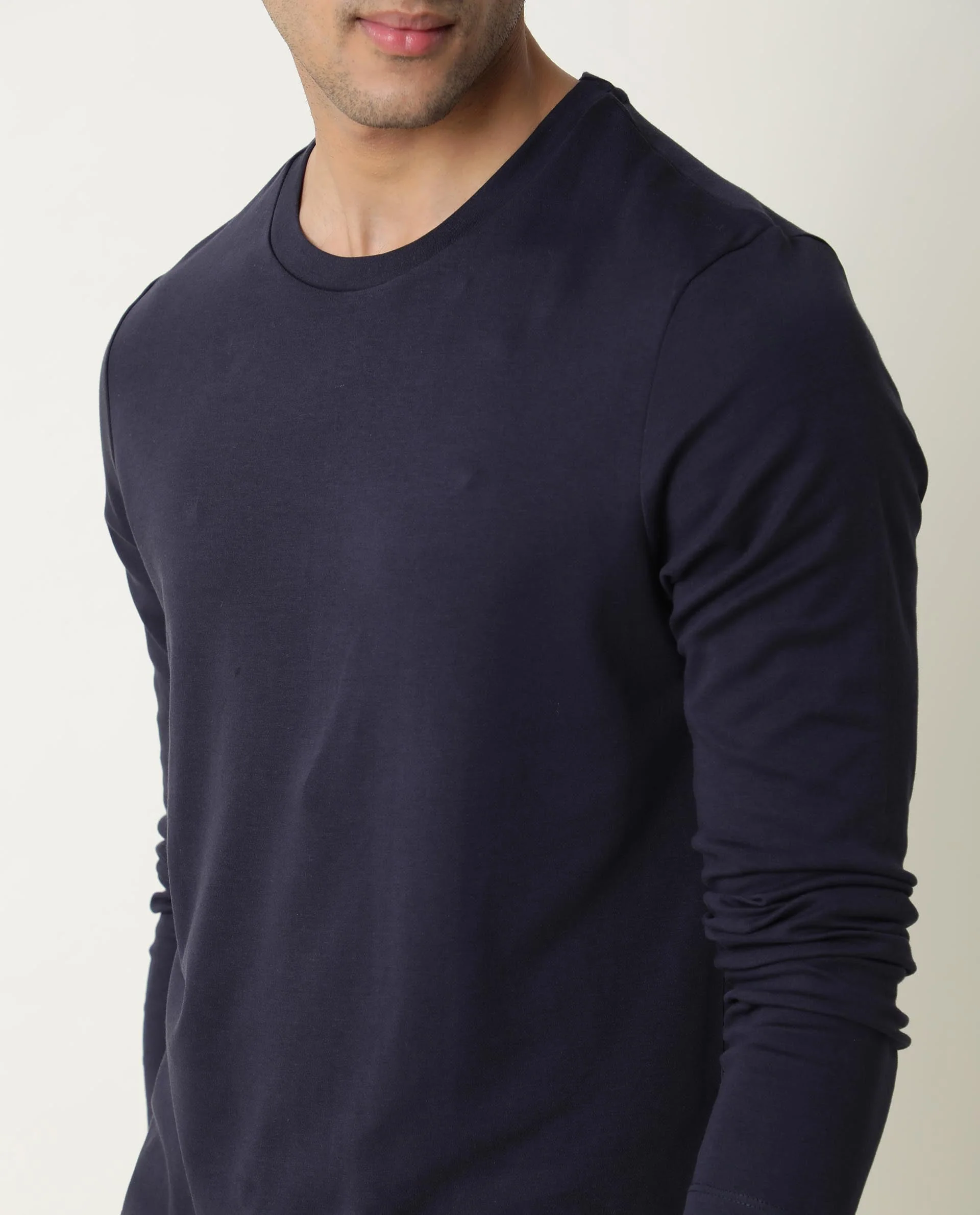 Rare Rabbit Men's Full Navy Cotton Plain Slim Fit Half Sleeve Crew Neck T-Shirt - Image 2