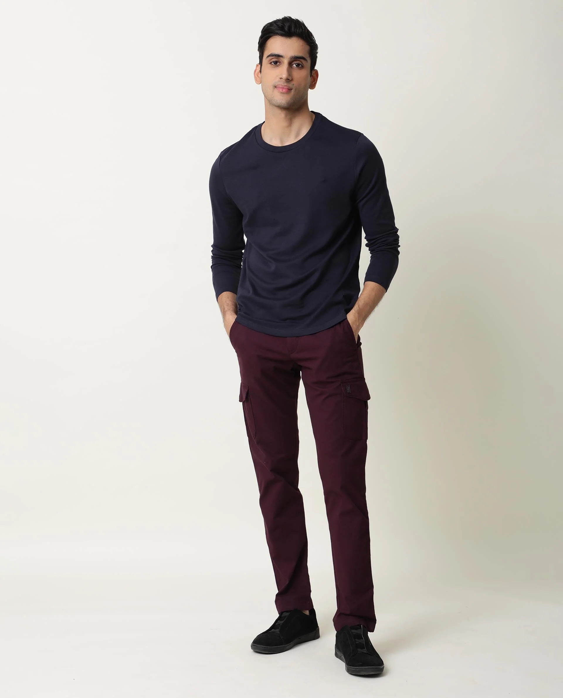 Rare Rabbit Men's Full Navy Cotton Plain Slim Fit Half Sleeve Crew Neck T-Shirt - Image 3