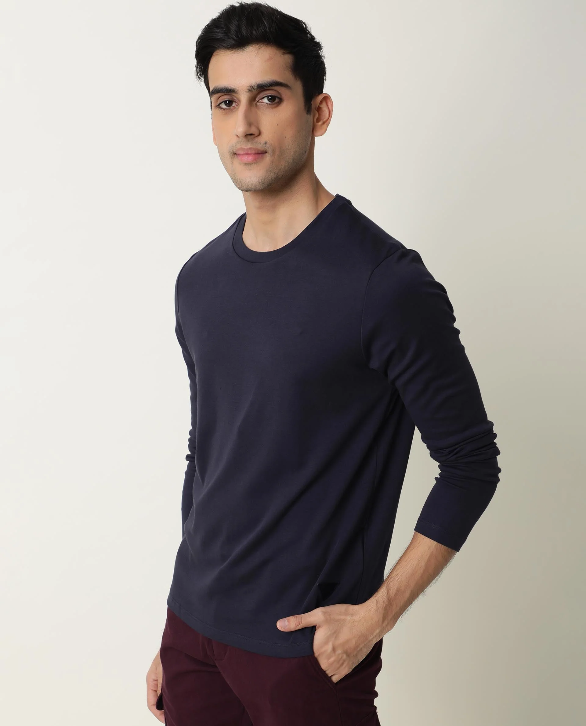 Rare Rabbit Men's Full Navy Cotton Plain Slim Fit Half Sleeve Crew Neck T-Shirt - Image 4