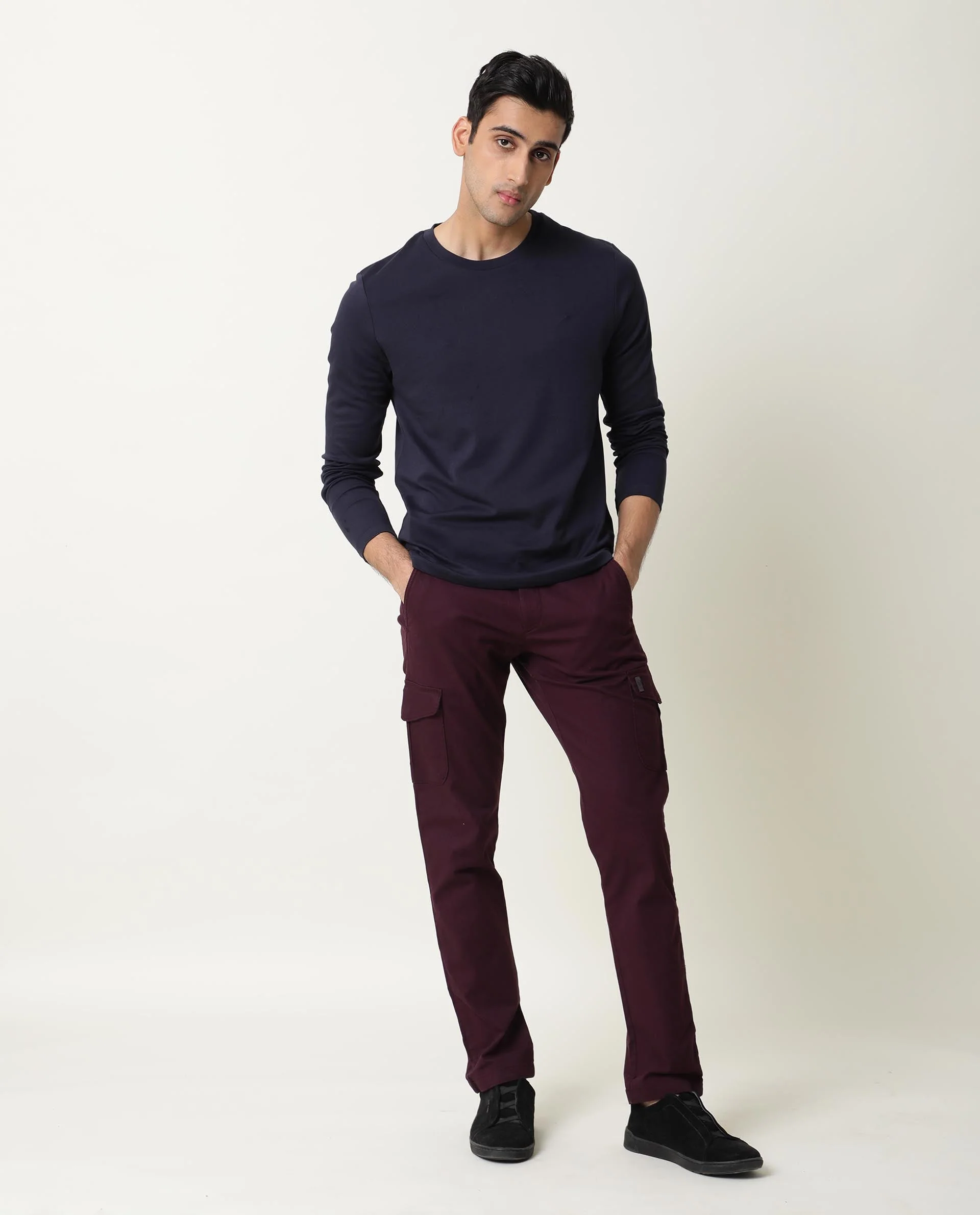 Rare Rabbit Men's Full Navy Cotton Plain Slim Fit Half Sleeve Crew Neck T-Shirt - Image 5