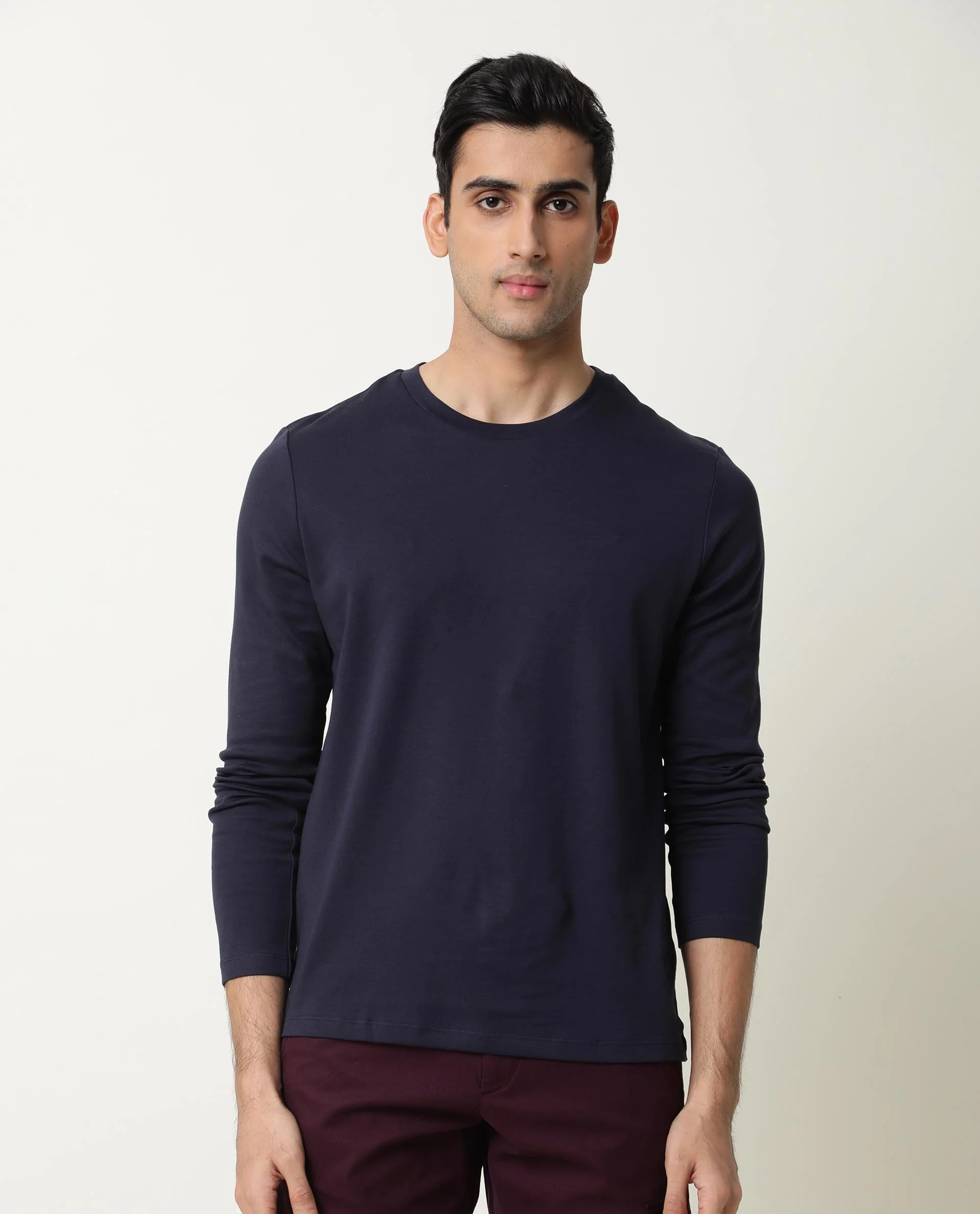 Rare Rabbit Men's Full Navy Cotton Plain Slim Fit Half Sleeve Crew Neck T-Shirt - Image 6