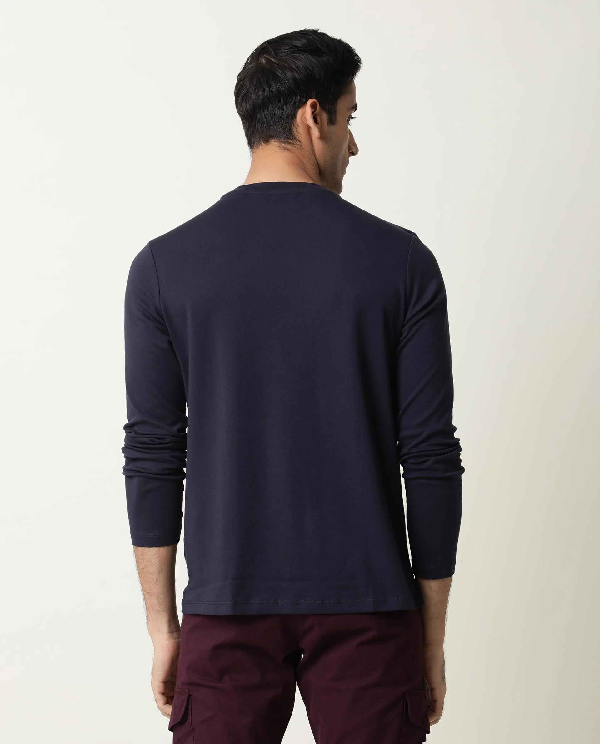 Rare Rabbit Men's Full Navy Cotton Plain Slim Fit Half Sleeve Crew Neck T-Shirt - Image 8