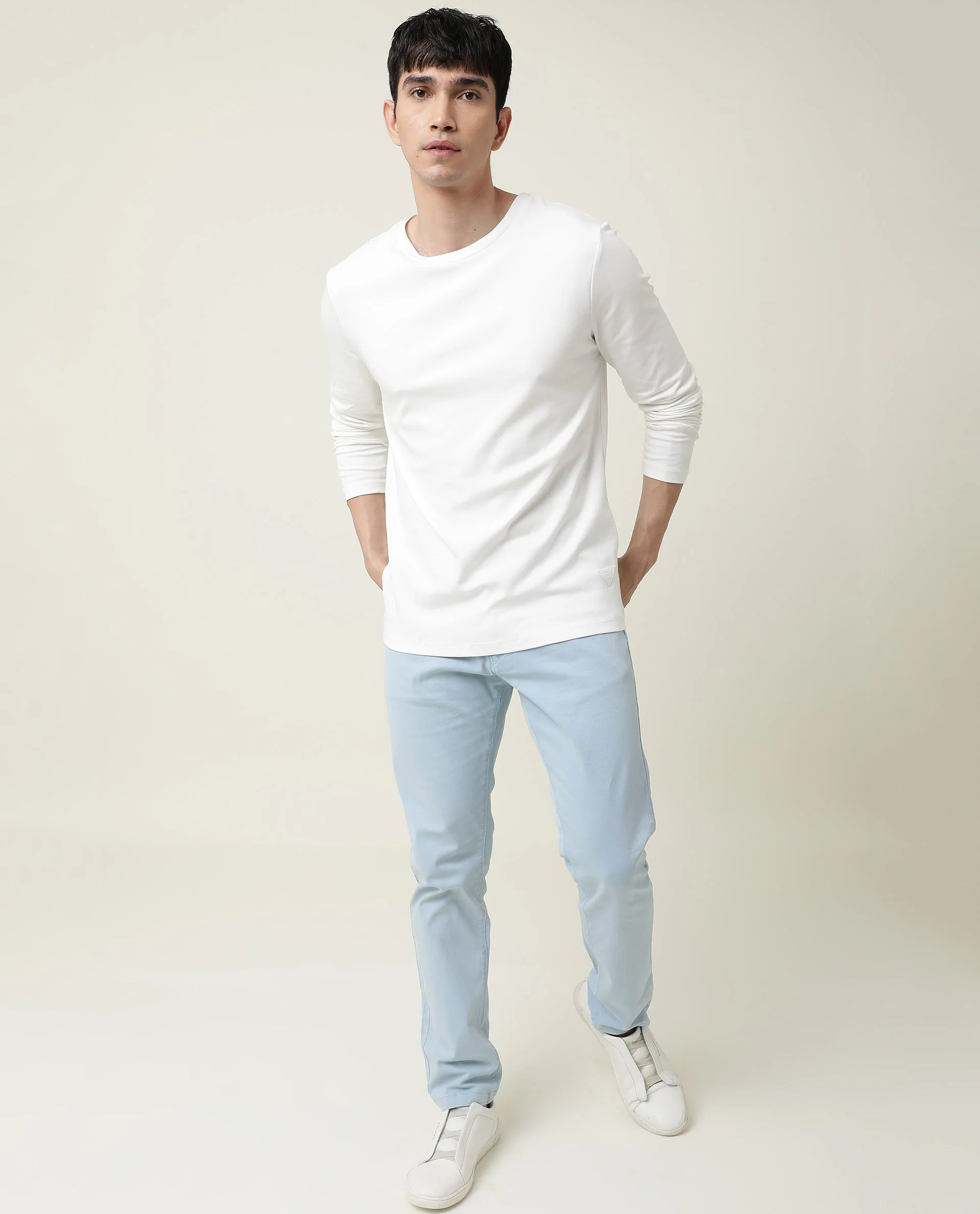 Rare Rabbit Men's Full Offwhite Cotton Plain Slim Fit Full Sleeve Crew Neck T-Shirt