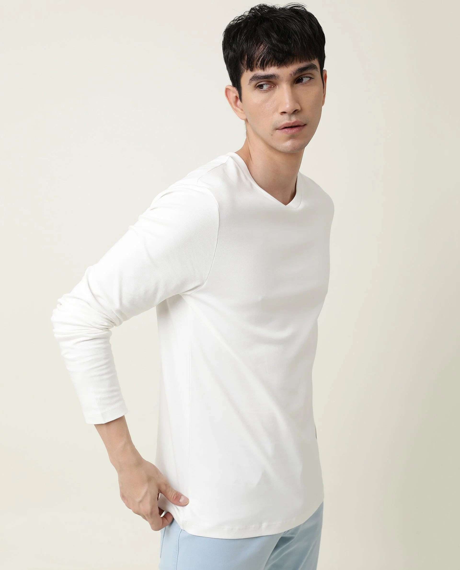 Rare Rabbit Men's Full Offwhite Cotton Plain Slim Fit Full Sleeve Crew Neck T-Shirt - Image 2