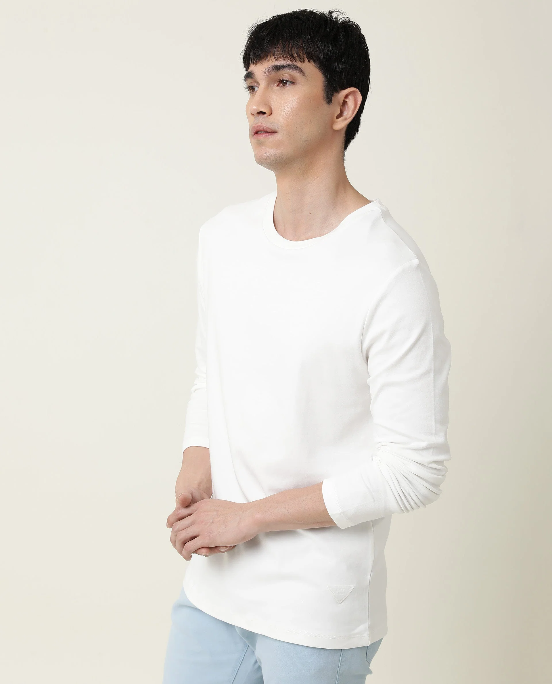 Rare Rabbit Men's Full Offwhite Cotton Plain Slim Fit Full Sleeve Crew Neck T-Shirt - Image 3