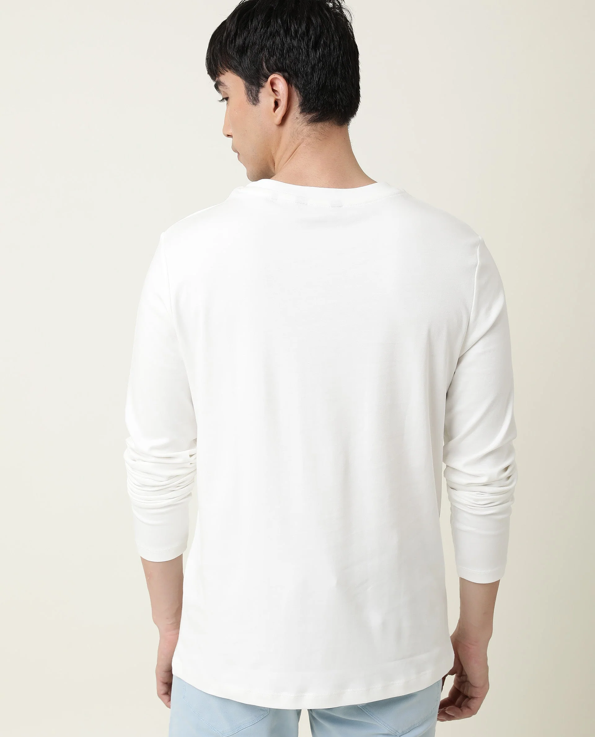 Rare Rabbit Men's Full Offwhite Cotton Plain Slim Fit Full Sleeve Crew Neck T-Shirt - Image 4