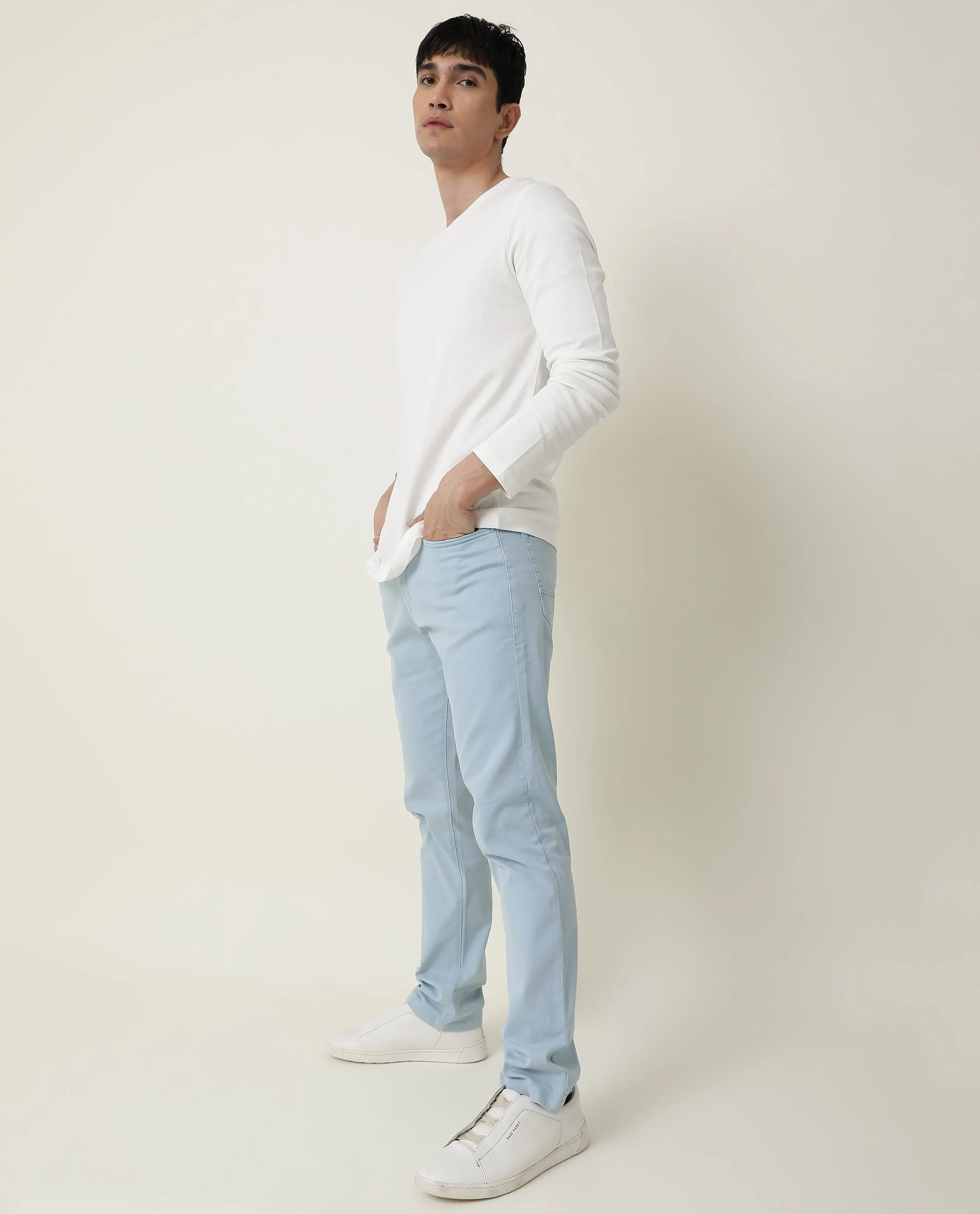 Rare Rabbit Men's Full Offwhite Cotton Plain Slim Fit Full Sleeve Crew Neck T-Shirt - Image 5