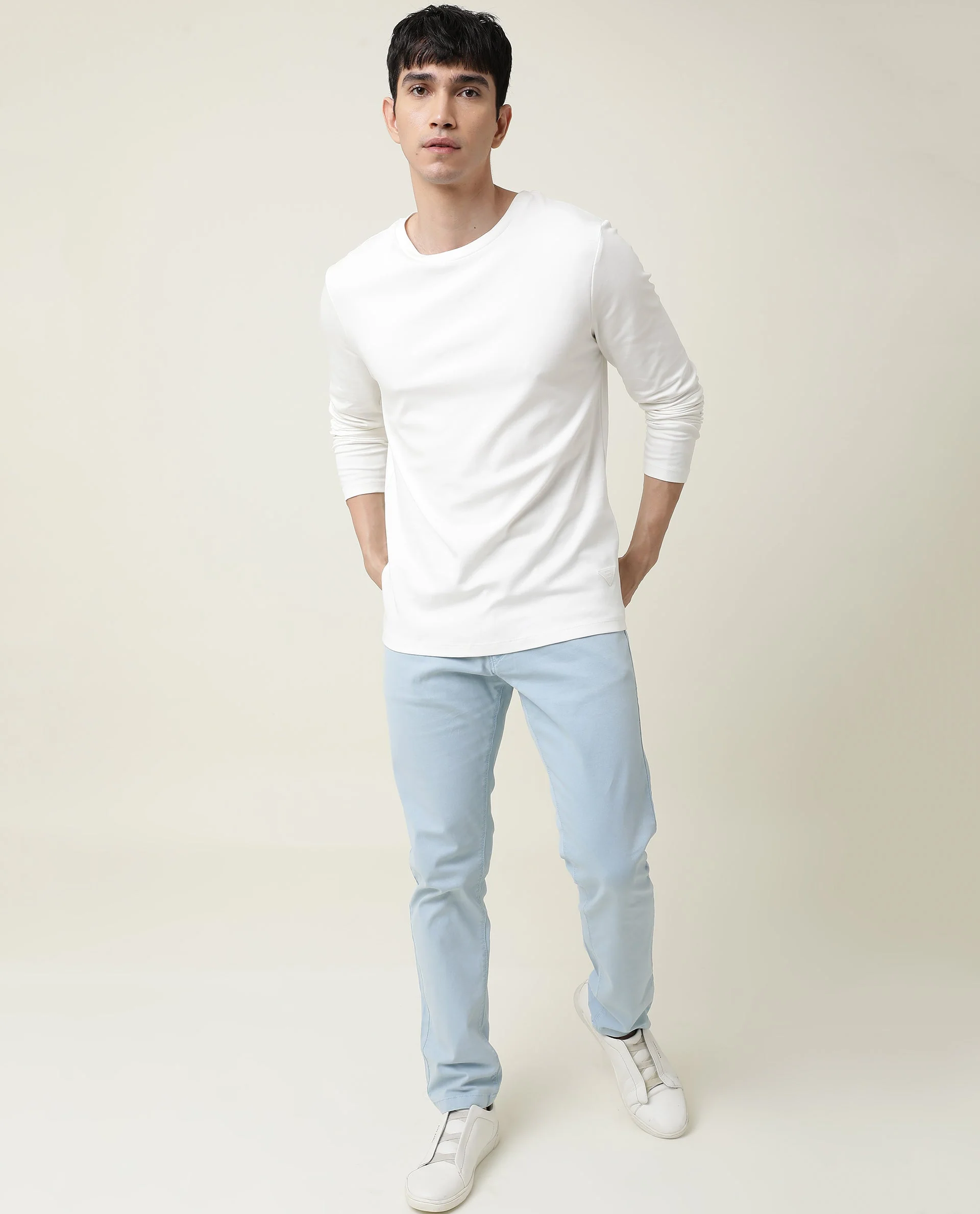 Rare Rabbit Men's Full Offwhite Cotton Plain Slim Fit Full Sleeve Crew Neck T-Shirt - Image 6