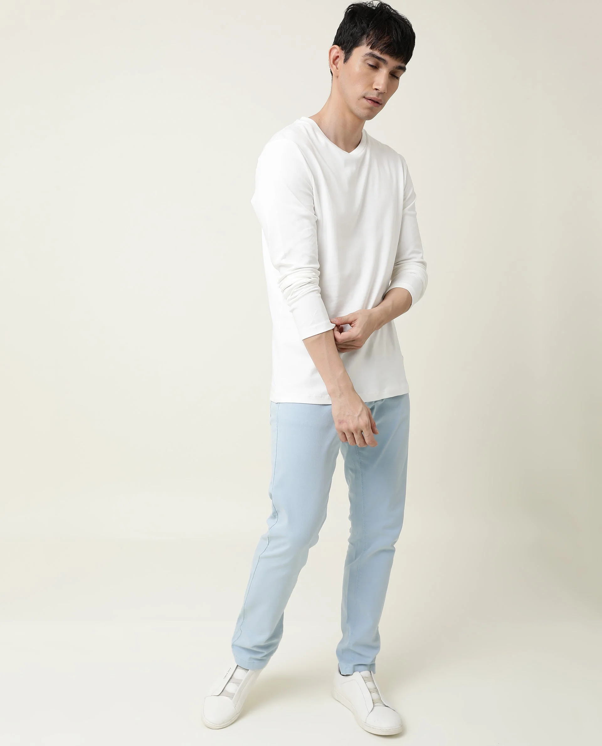 Rare Rabbit Men's Full Offwhite Cotton Plain Slim Fit Full Sleeve Crew Neck T-Shirt - Image 7