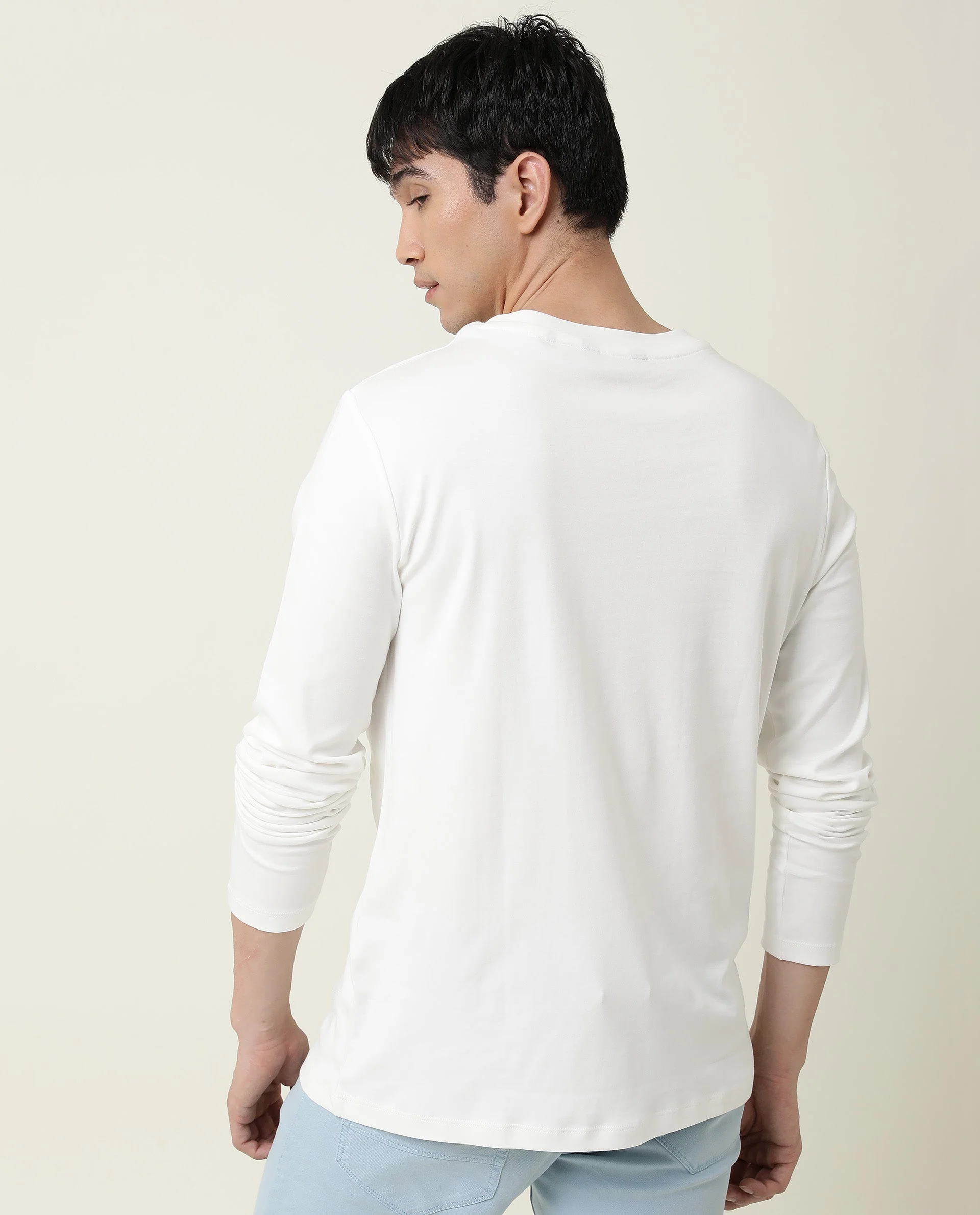 Rare Rabbit Men's Full Offwhite Cotton Plain Slim Fit Full Sleeve Crew Neck T-Shirt - Image 8