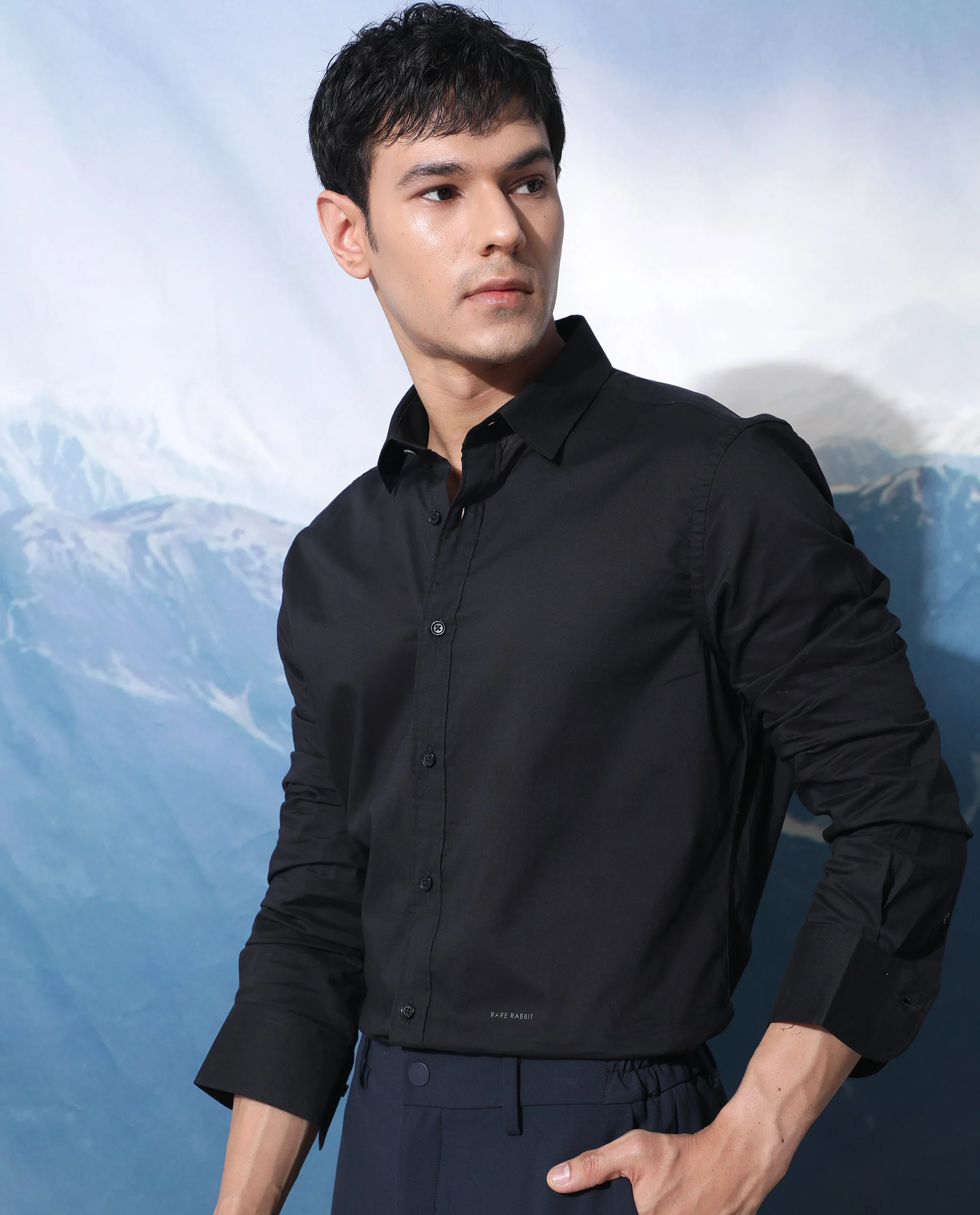 Rare Rabbit Men's Fullslee- Black Cotton Plain Tailored Fit Full Sleeve Spread Collar Shirt - Image 3