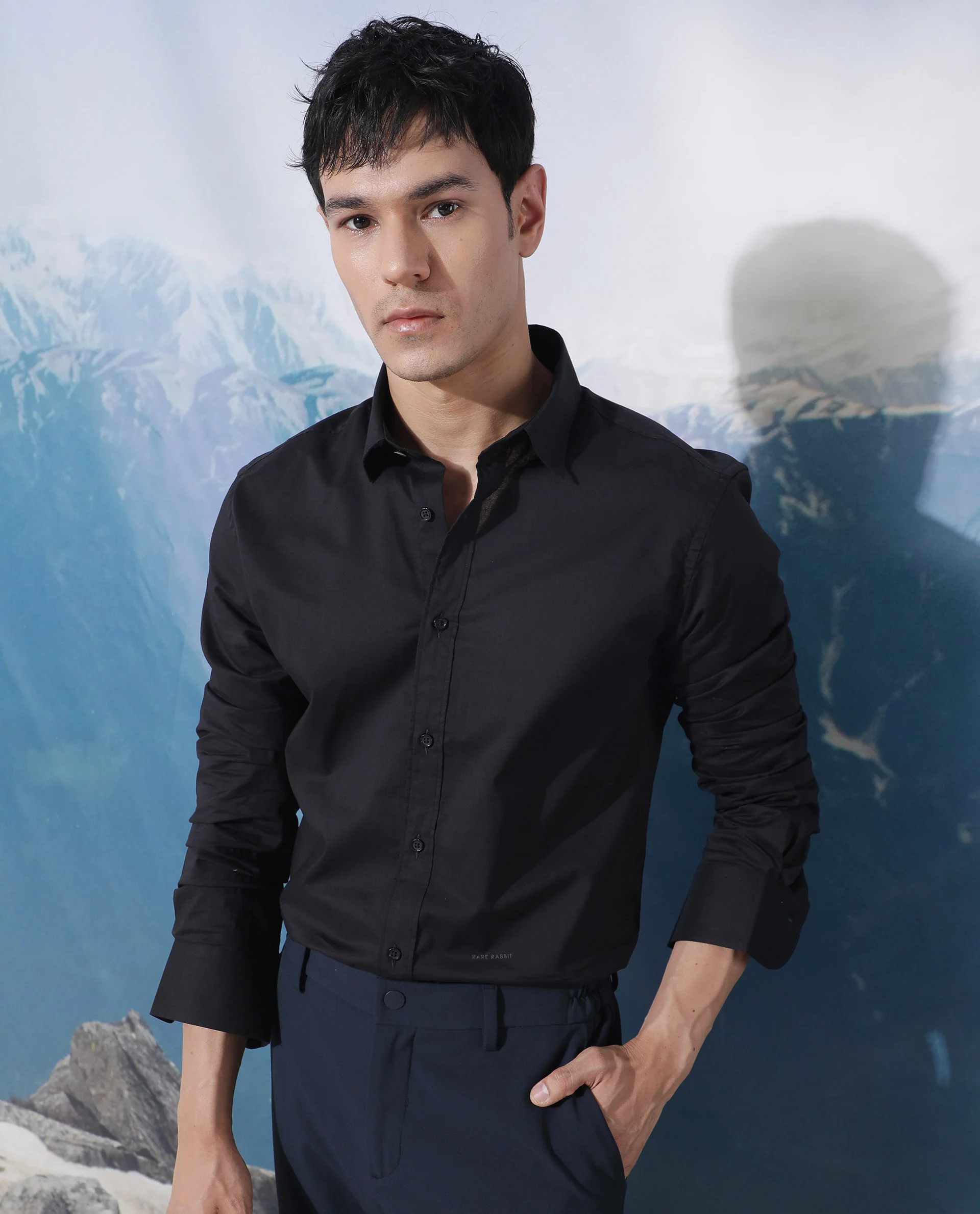 Rare Rabbit Men's Fullslee- Black Cotton Plain Tailored Fit Full Sleeve Spread Collar Shirt - Image 4