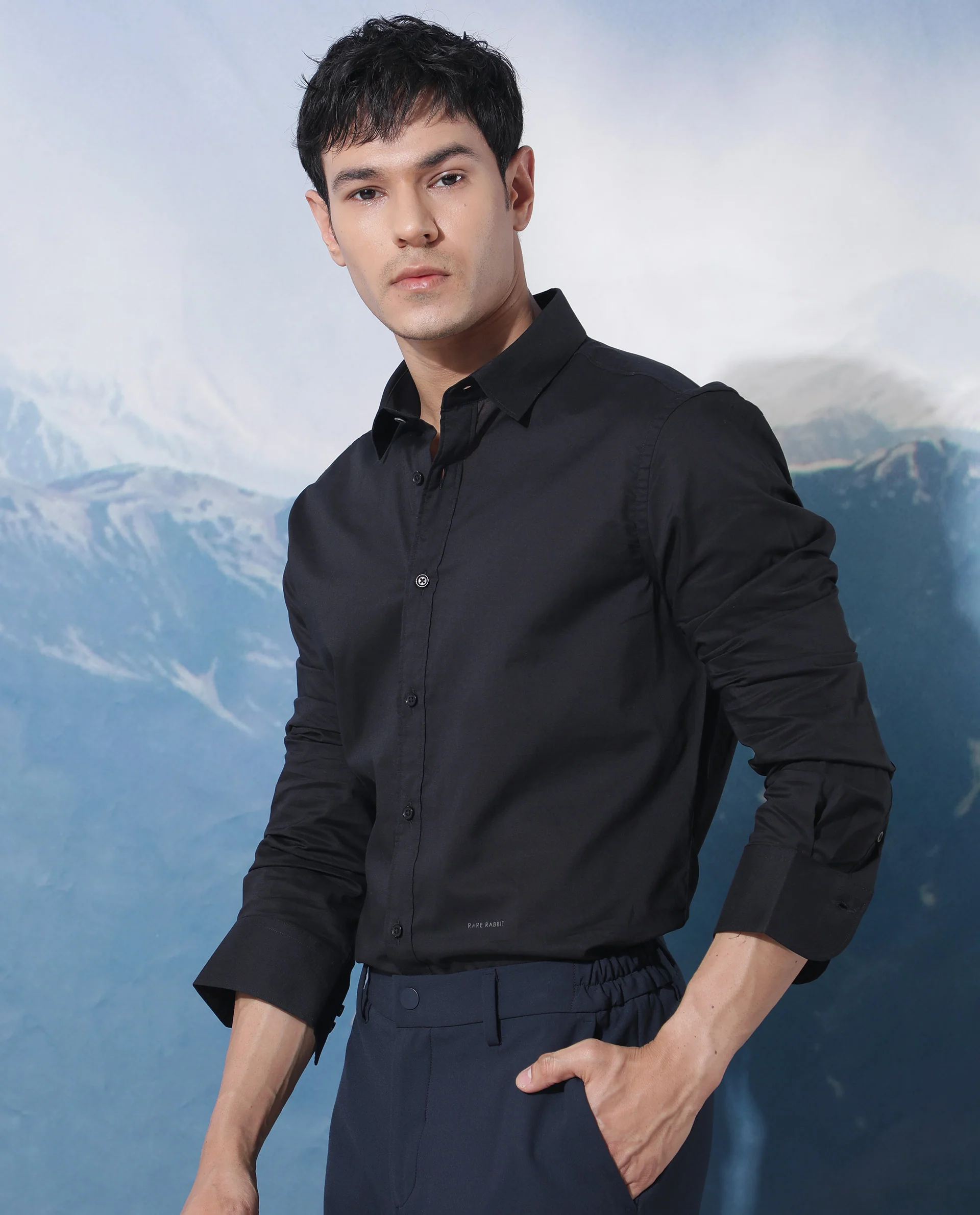 Rare Rabbit Men's Fullslee- Black Cotton Plain Tailored Fit Full Sleeve Spread Collar Shirt - Image 7