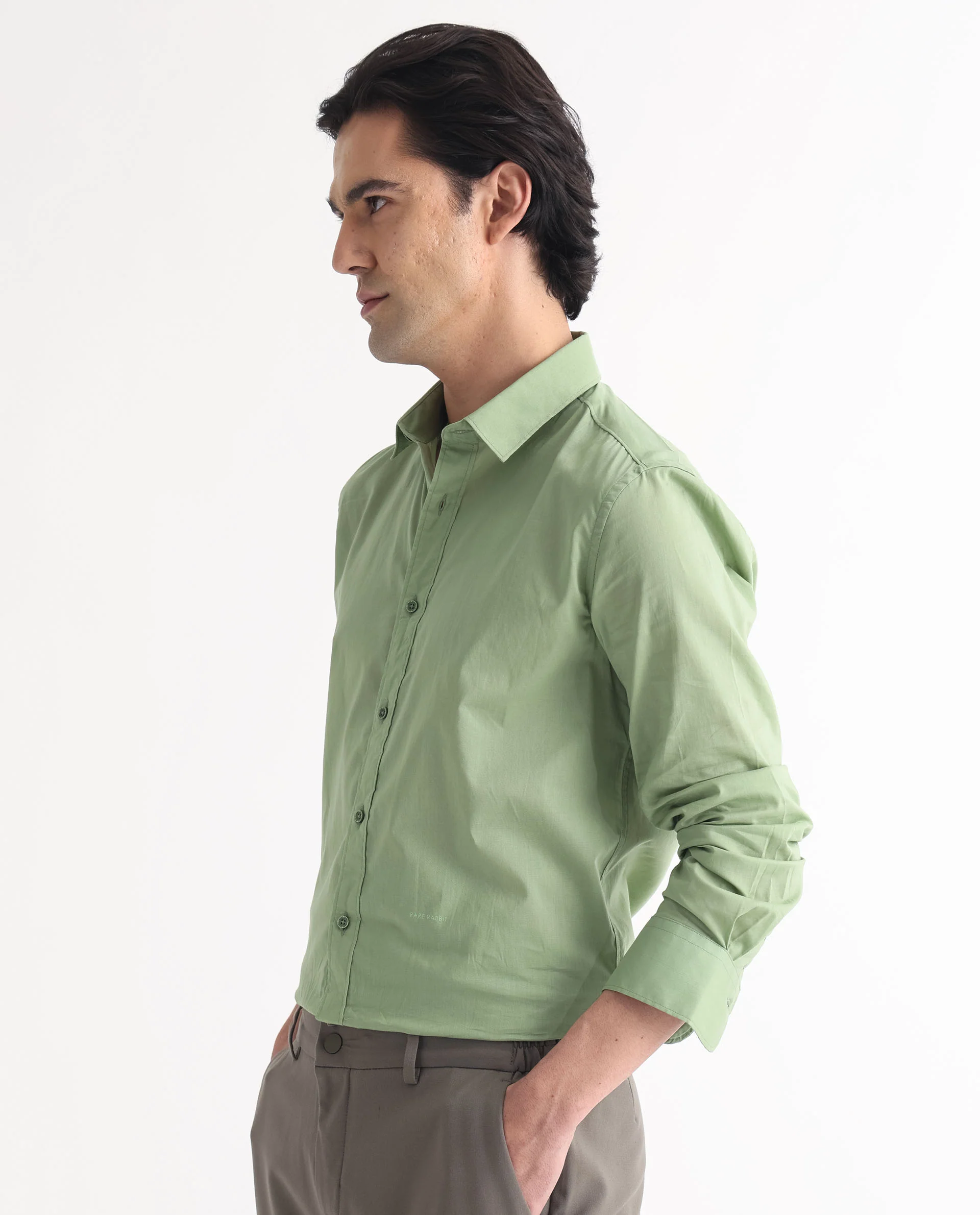 Rare Rabbit Men's Fullslee Green Cotton Plain Tailored Fit Full Sleeve Collared Shirt - Image 3