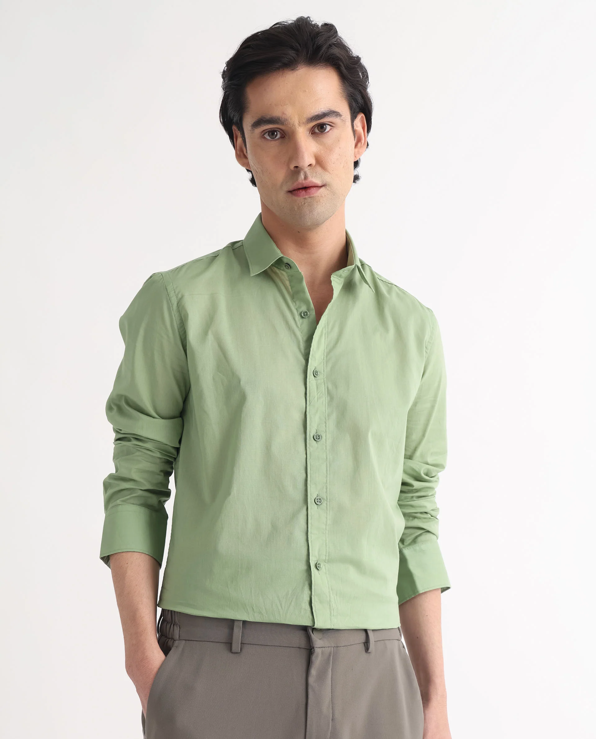 Rare Rabbit Men's Fullslee Green Cotton Plain Tailored Fit Full Sleeve Collared Shirt - Image 6