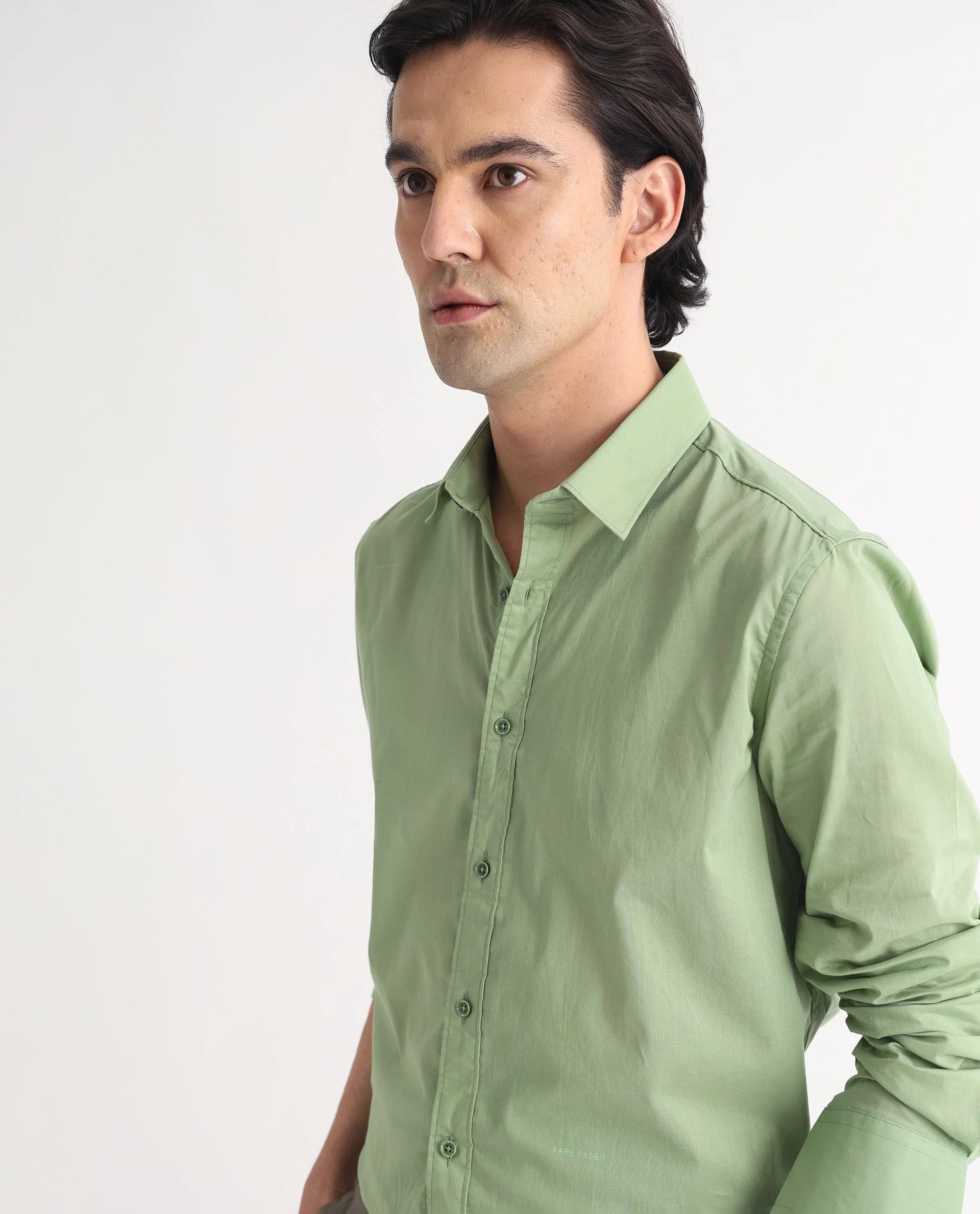 Rare Rabbit Men's Fullslee Green Cotton Plain Tailored Fit Full Sleeve Collared Shirt - Image 7
