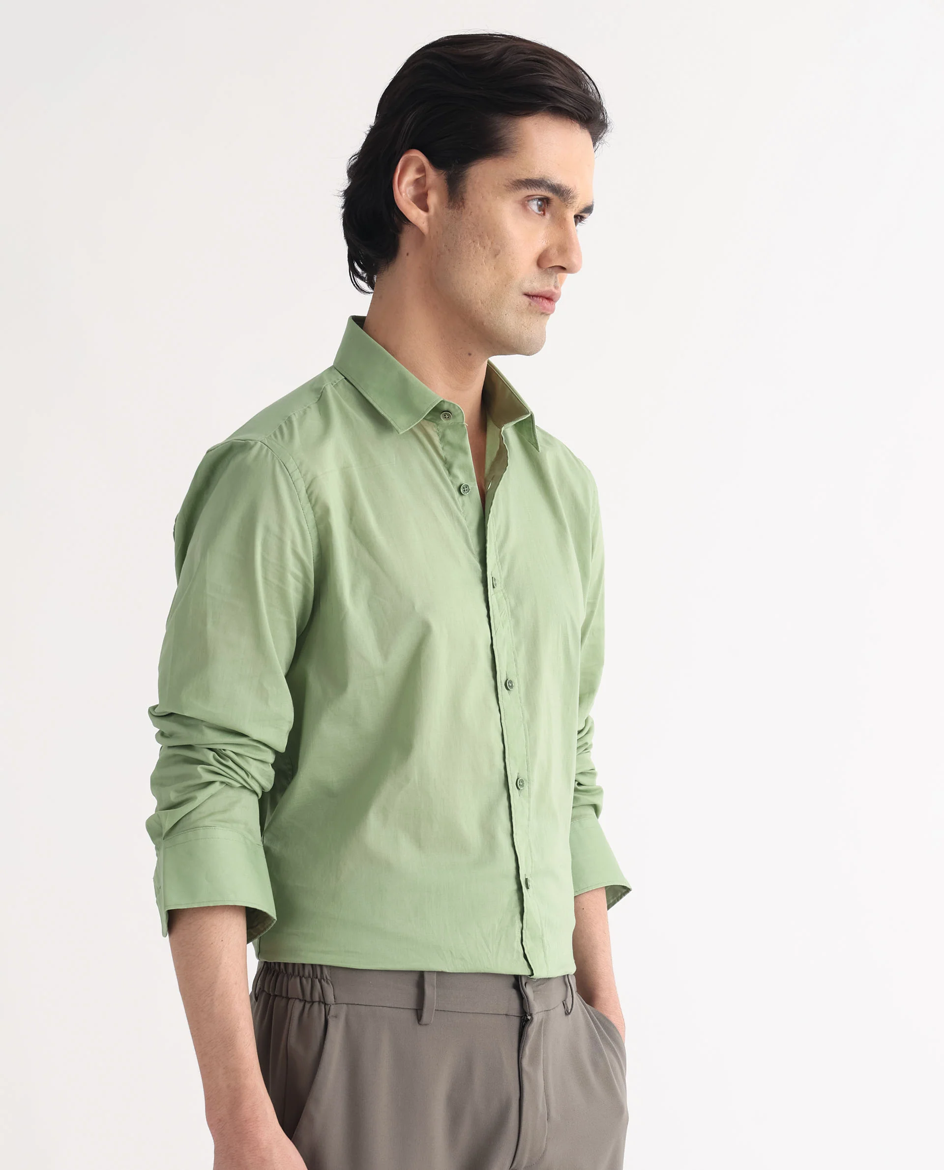 Rare Rabbit Men's Fullslee Green Cotton Plain Tailored Fit Full Sleeve Collared Shirt - Image 8