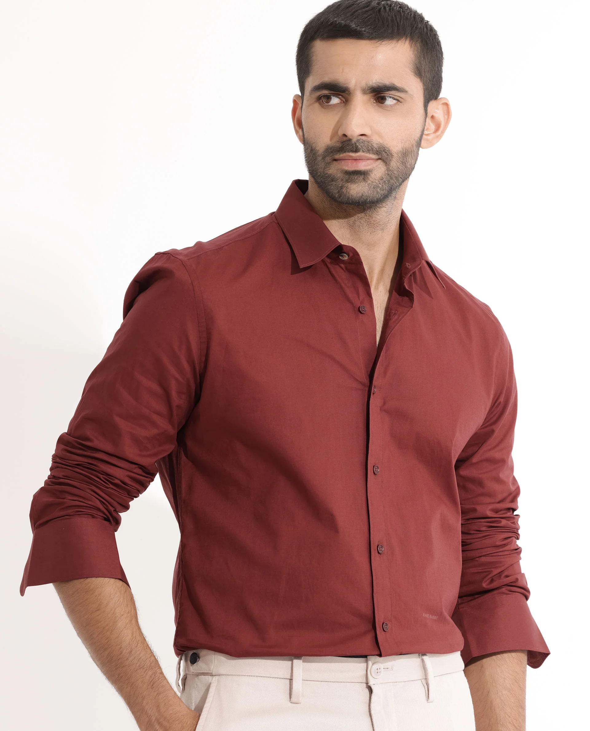 Rare Rabbit Men's Fullslee Maroon Cotton Plain Tailored Fit Full Sleeve Collared Shirt - Image 3