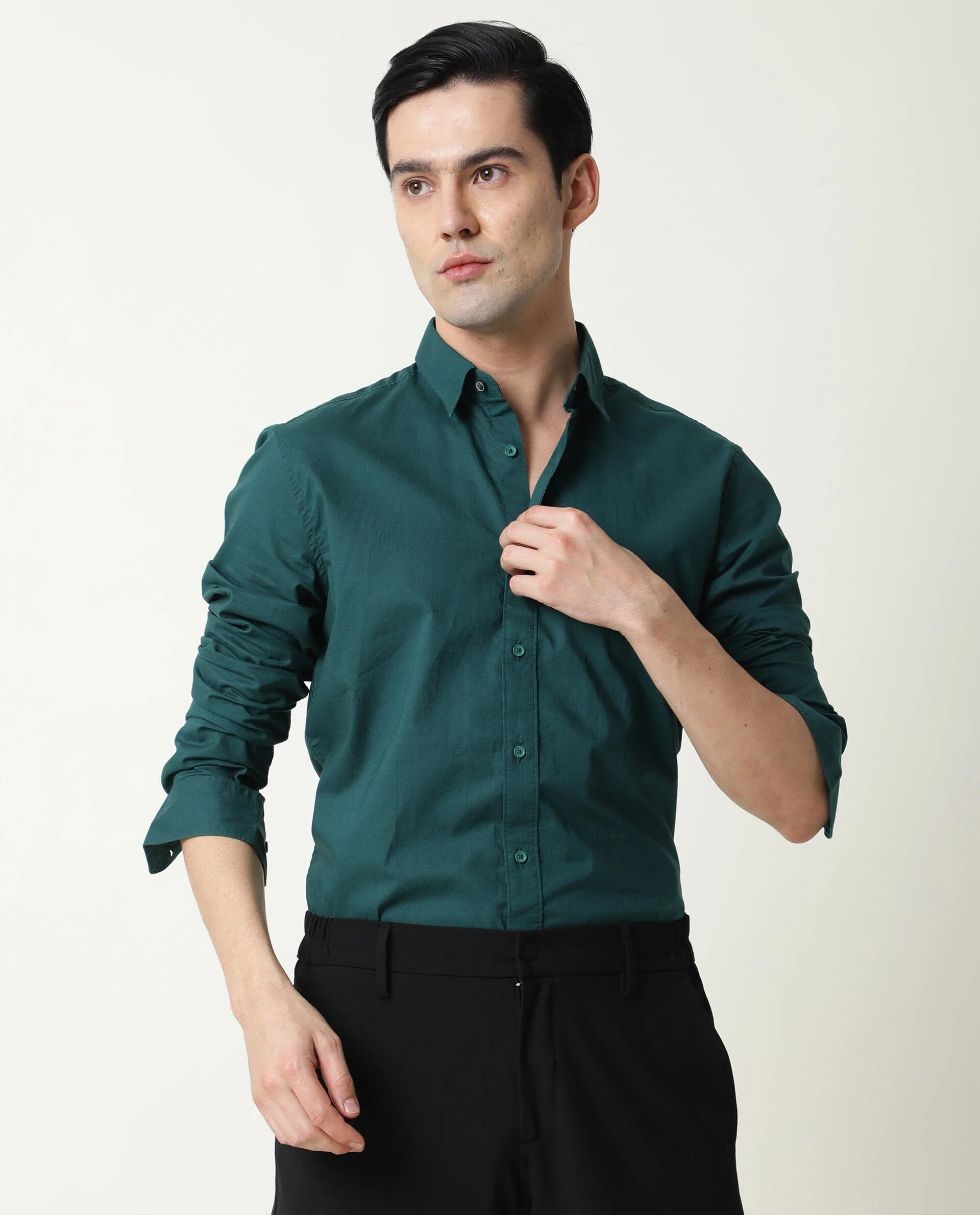 Rare Rabbit Men's Fullslee Petrol Cotton Plain Tailored Fit Full Sleeve Collared Shirt - Image 2
