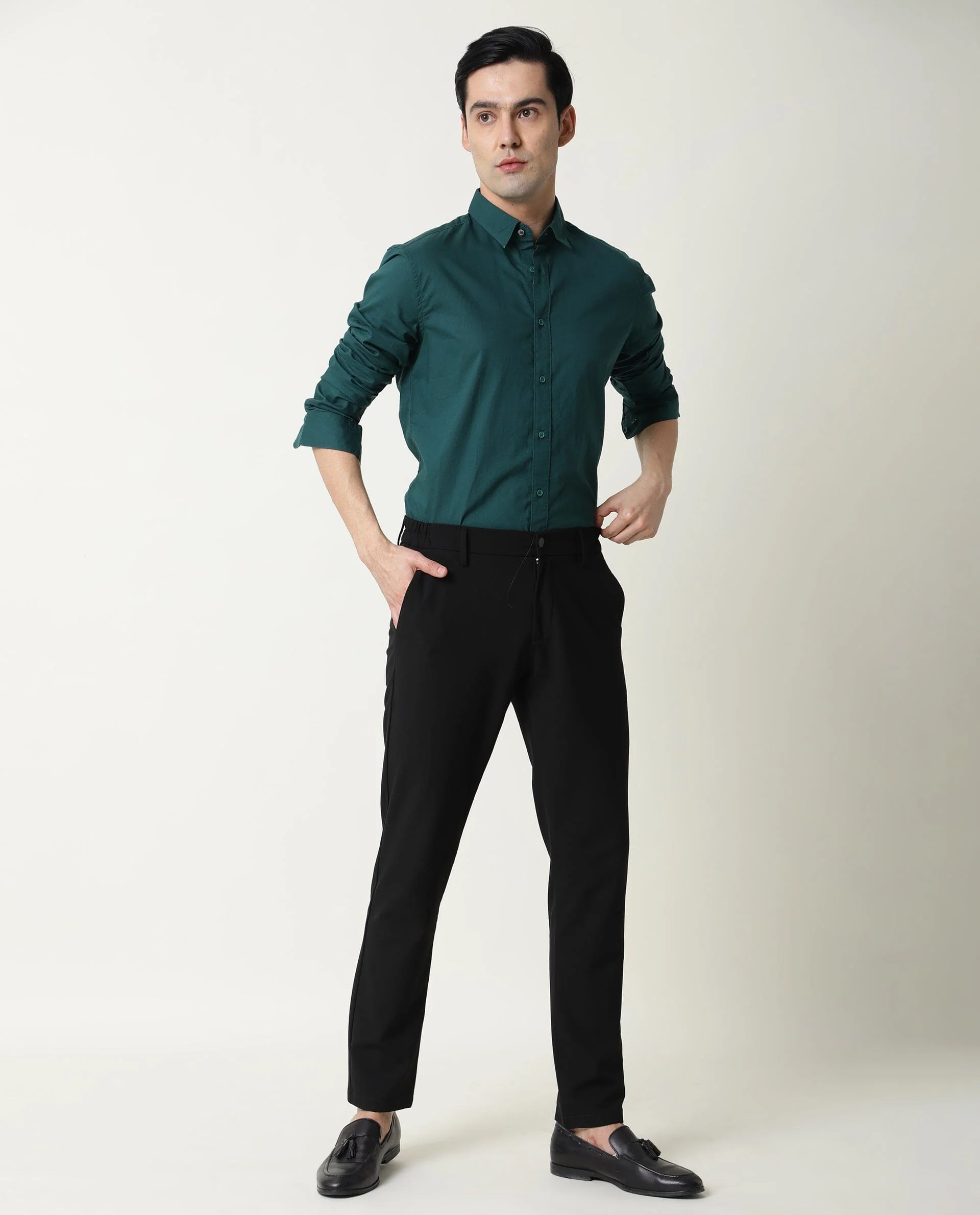 Rare Rabbit Men's Fullslee Petrol Cotton Plain Tailored Fit Full Sleeve Collared Shirt - Image 3