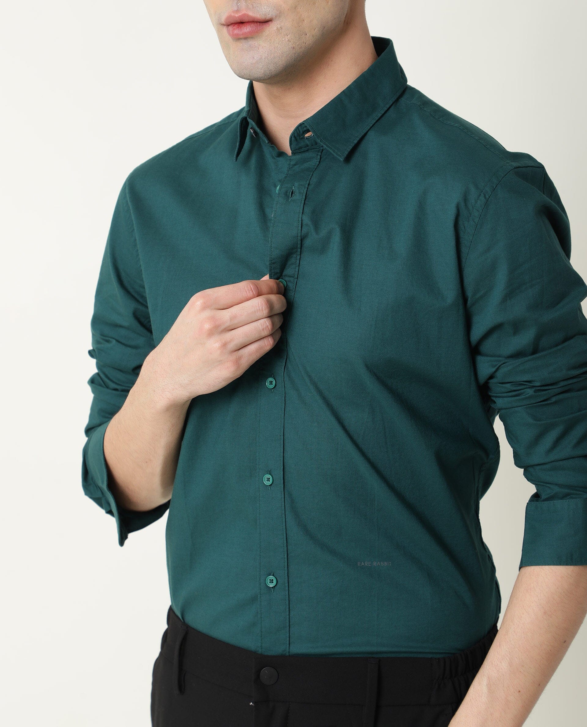 Rare Rabbit Men's Fullslee Petrol Cotton Plain Tailored Fit Full Sleeve Collared Shirt - Image 4