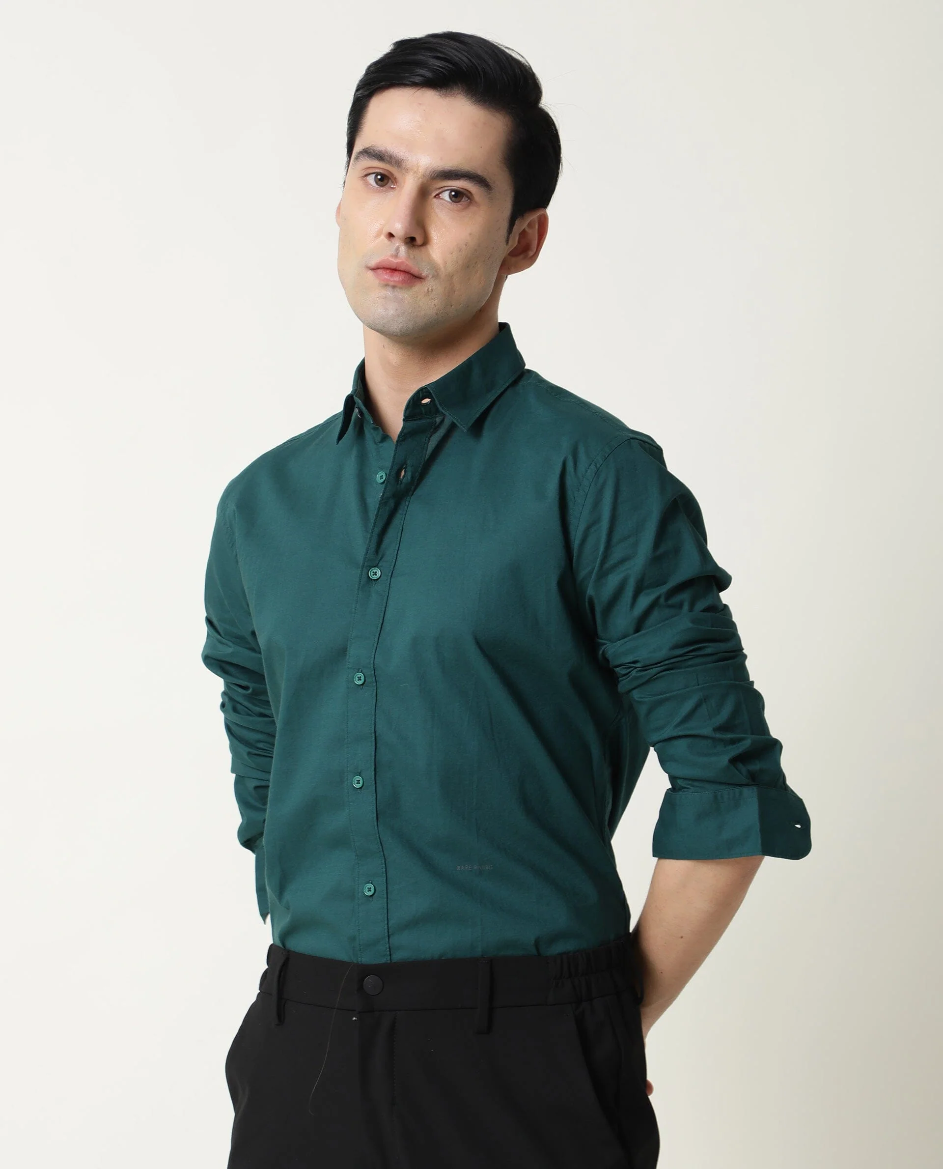 Rare Rabbit Men's Fullslee Petrol Cotton Plain Tailored Fit Full Sleeve Collared Shirt - Image 6